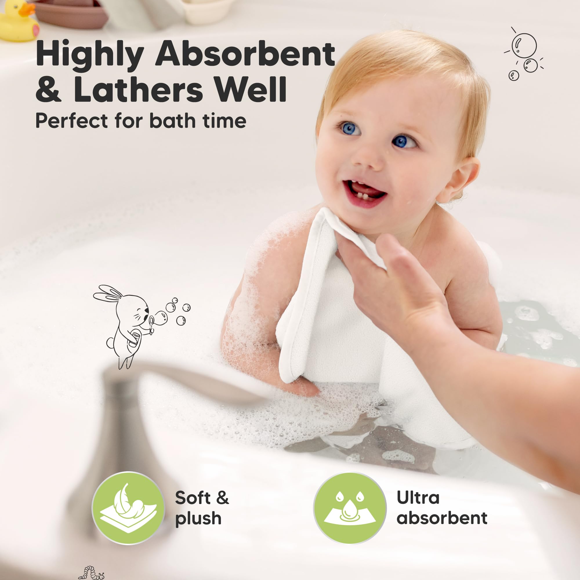 6-Pack Soft Baby Washcloths, Viscose from Bamboo - Kids, Newborn Bath Towels, Infant Shower, Toddler Reusable Face Towel, Gentle on Skin, Face Wash Cloths for Babies, 10x10 (White)