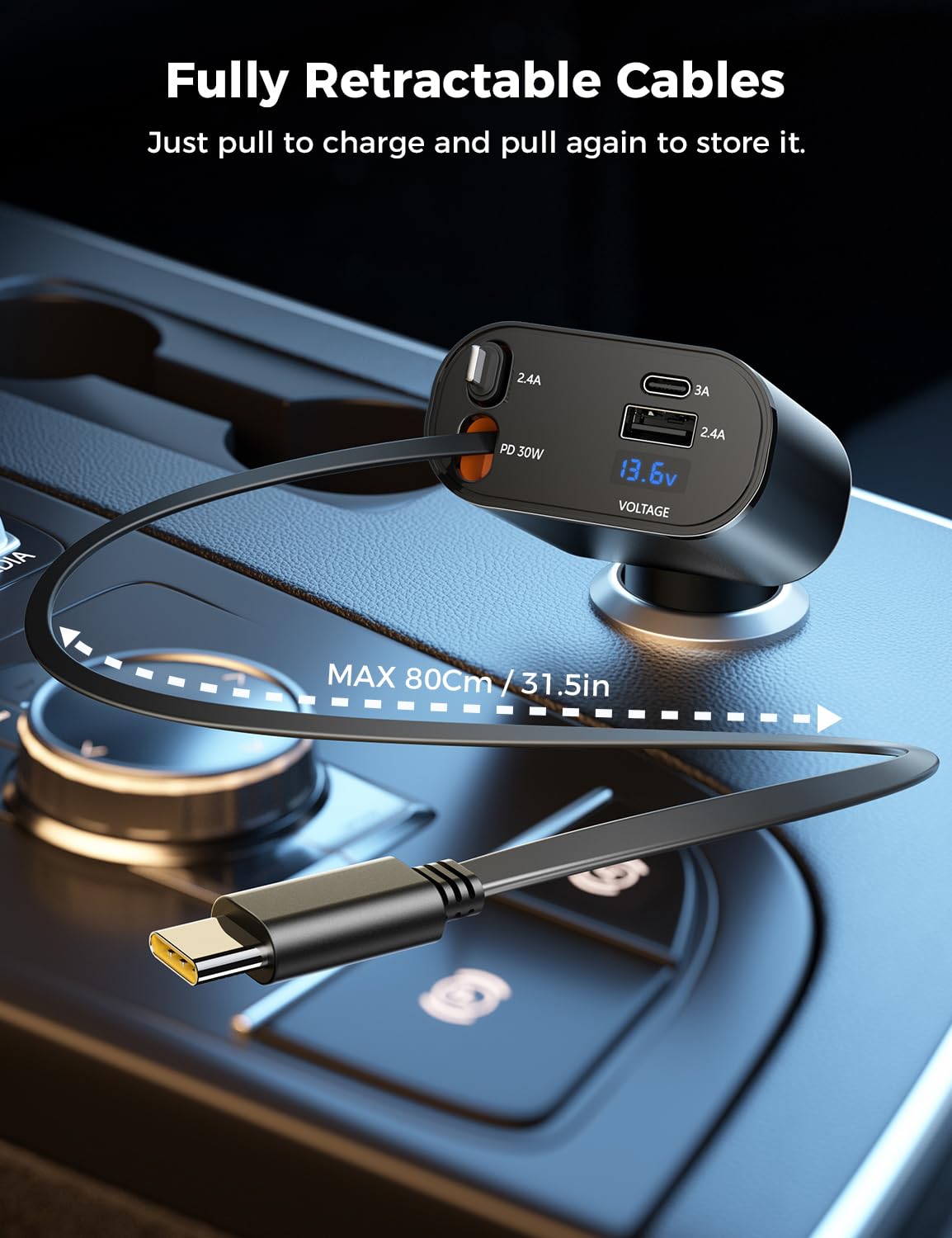 【Upgraded】 SUPERONE Retractable Car Charger 4 in 1, Fast Car Phone Charger with Cord 2.6ft, USB C and Apple Car Adapter, Compatible with iPhone 17 16 15/15 Pro Max/14/13/12/11, Galaxy, Pixel