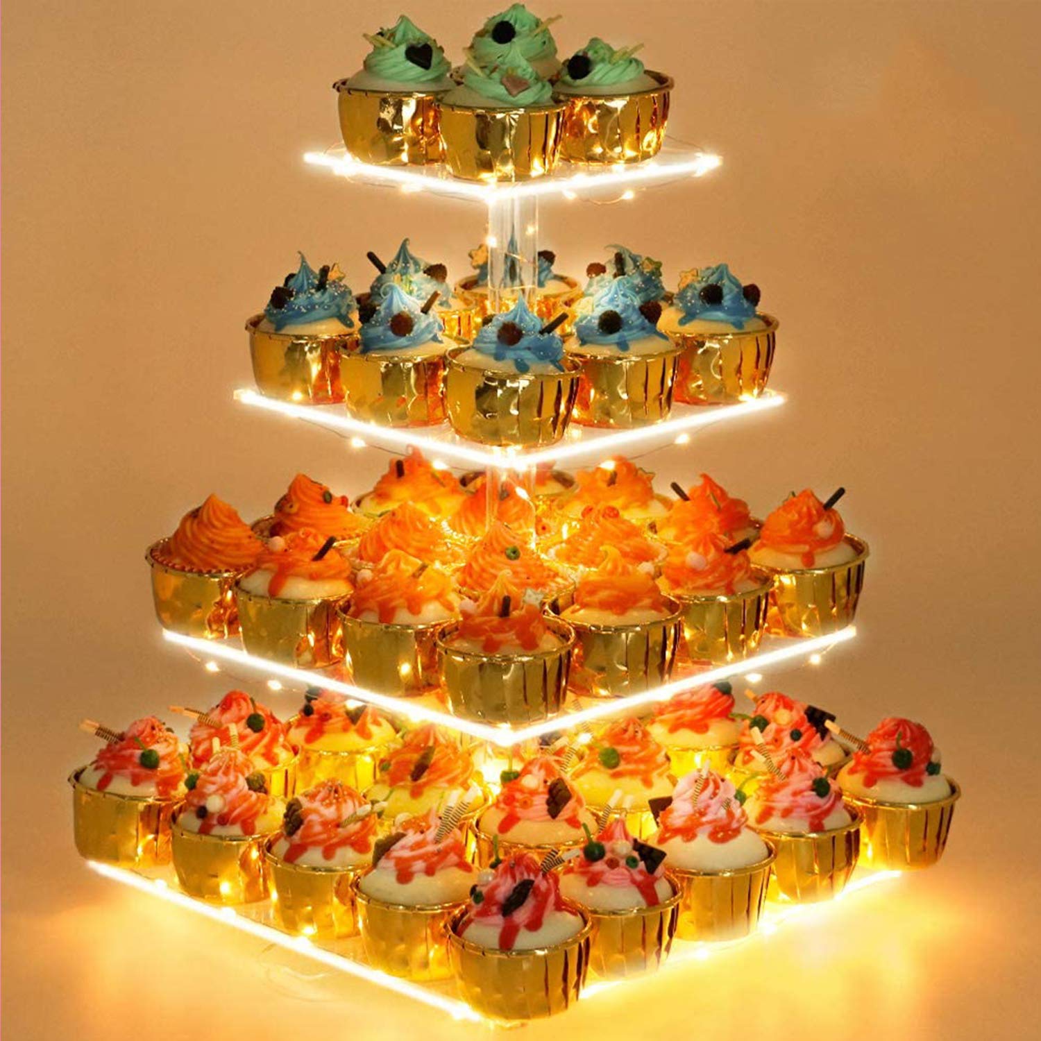 YestBuy 4 Tier Cupcake Stand Acrylic Tower Display with LED Light Premium Holder Dessert Tree Tower for Birthday Cady Bar Decor Weddings, Parties Events (Yellow Light)