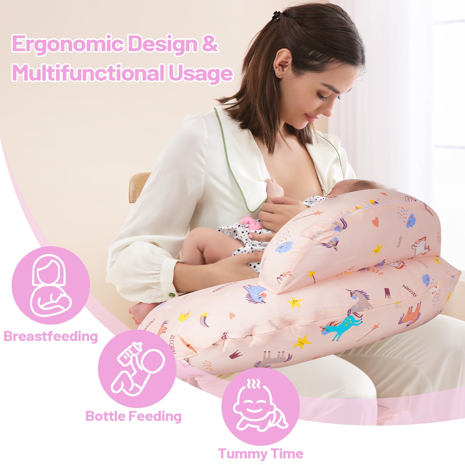 AMASKY Nursing Pillow, Breastfeeding Pillows, with Removable Pillow Cover, Ergonomic Nursing Essentials for Bottle Feeding, Machine Washable, Pink