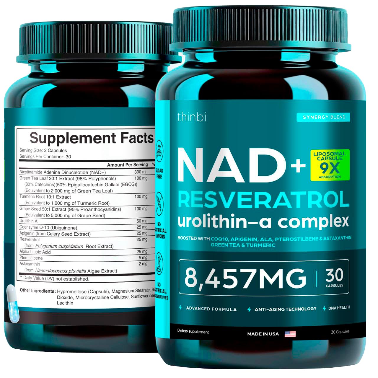 مكمل NAD بقوة إضافية 8,457 ملجم ليبوسومال، شاي أخضر + أستازانتين للنساء والرجال، ريسفيراترول، أنزيم Q10، حمض ألفا ليبويك