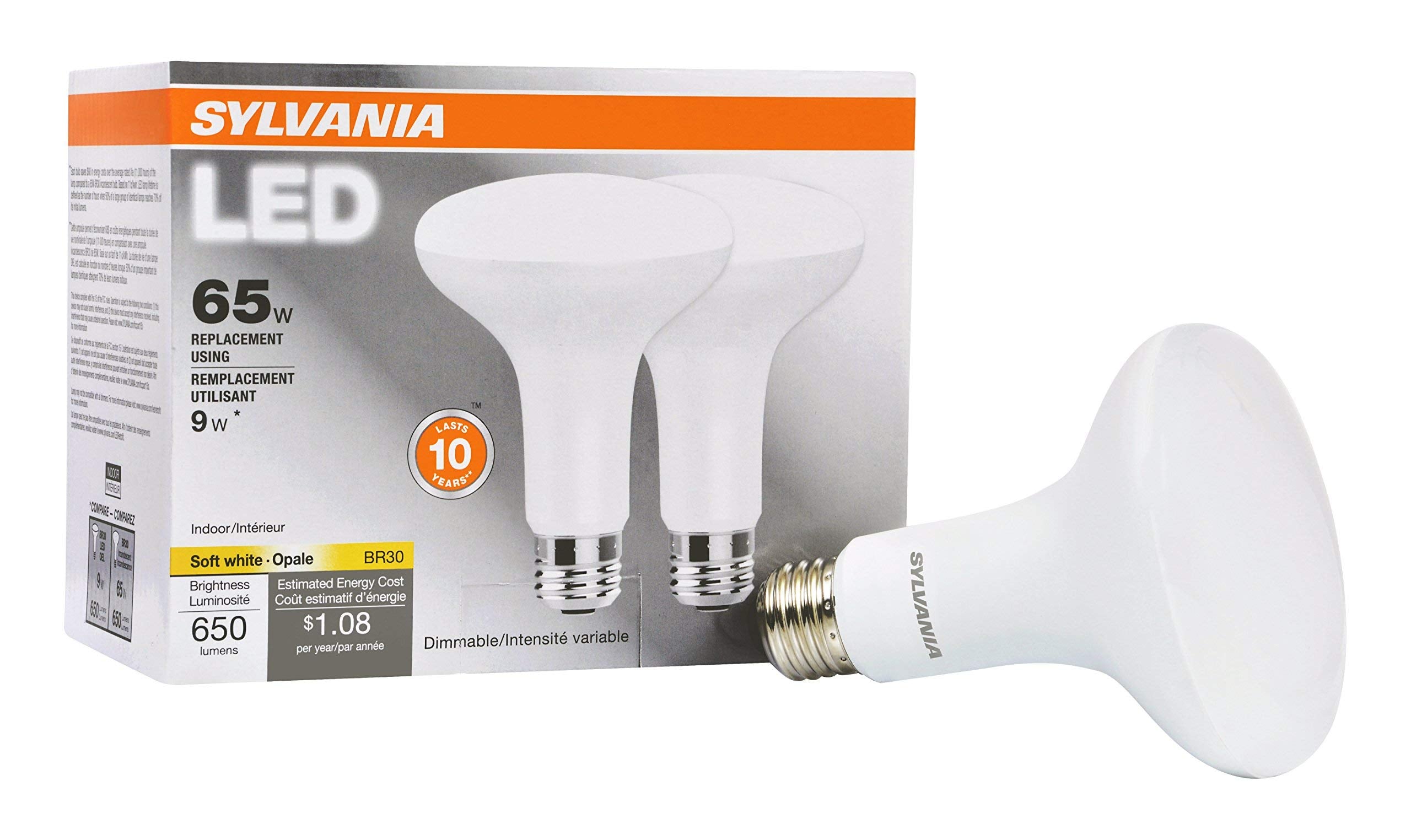 SYLVANIA LED Flood BR30 Glühbirne, 65W Äquivalent Effizient 9W, 10 Jahre, 650 Lumen, Dimmbar, 2700K, Soft White - 2er-Pack (73954)