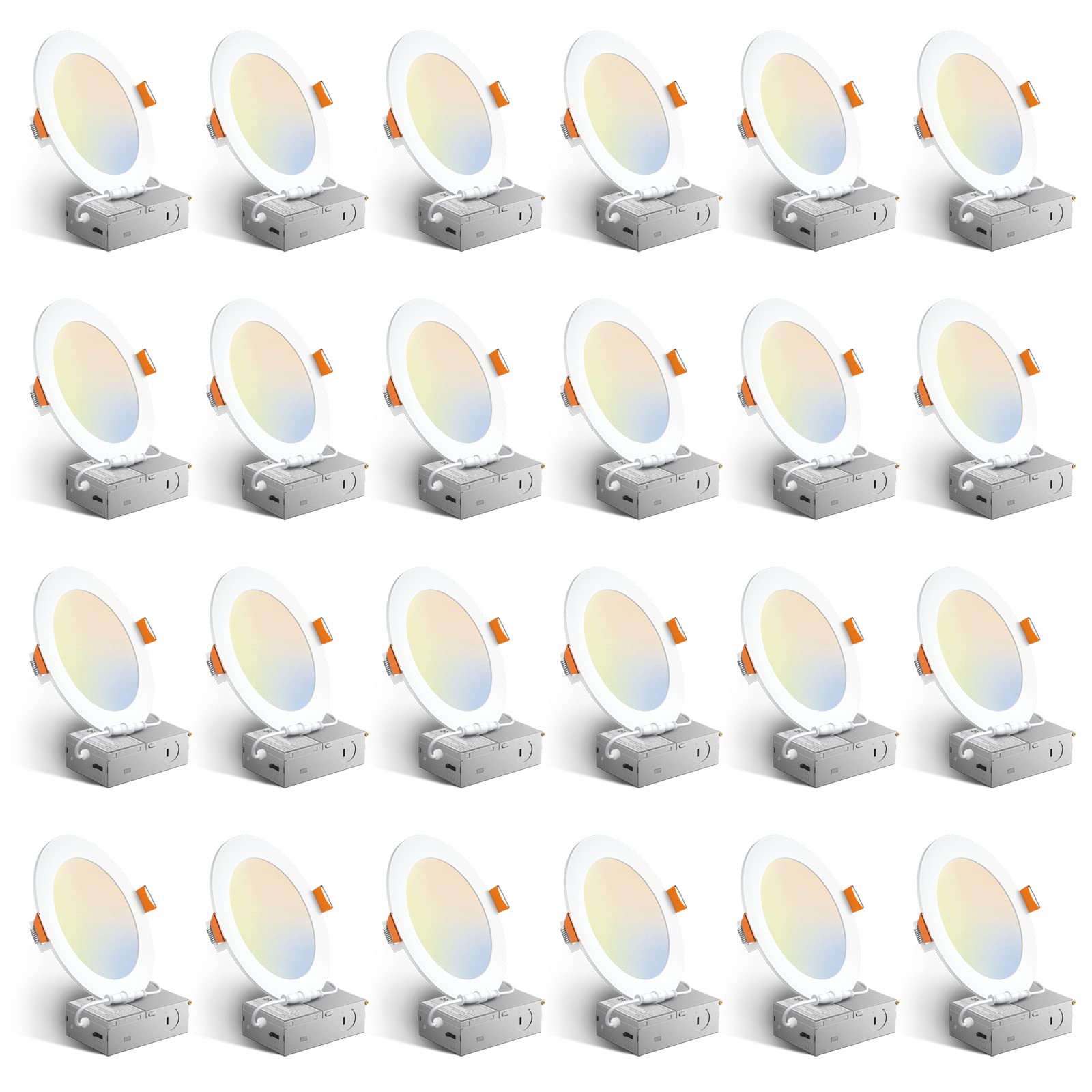 Amico 24 Pack 6 Inch 5CCT Ultra-Thin LED Recessed Ceiling Light with Junction Box, 1050LM Brightness, Dimmable Canless Wafer Downlight, 12W, ETL&FCC