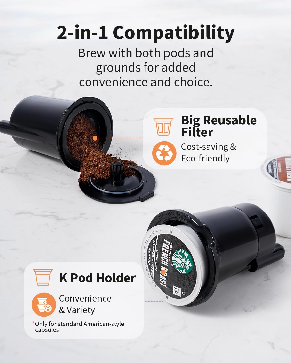 KIDISLE Hot & Iced Coffee Maker with Bold Setting, Single Serve Coffee Maker for K Cup and Grounds, 6-14 Oz Brew Sizes, 50 Oz Removable Water Tank, One Cup Coffee Machine with Reusable Filter, Black