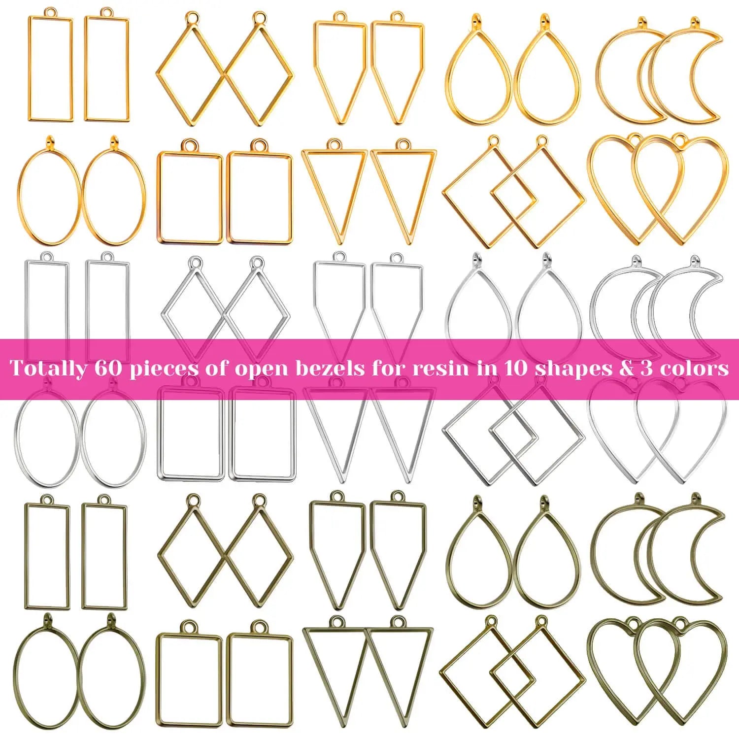 Shynek 60Pcs Hollow Frame Pendants - Resin Craft Bezels Jewelry Molds for Necklaces and Earrings Making Supplies