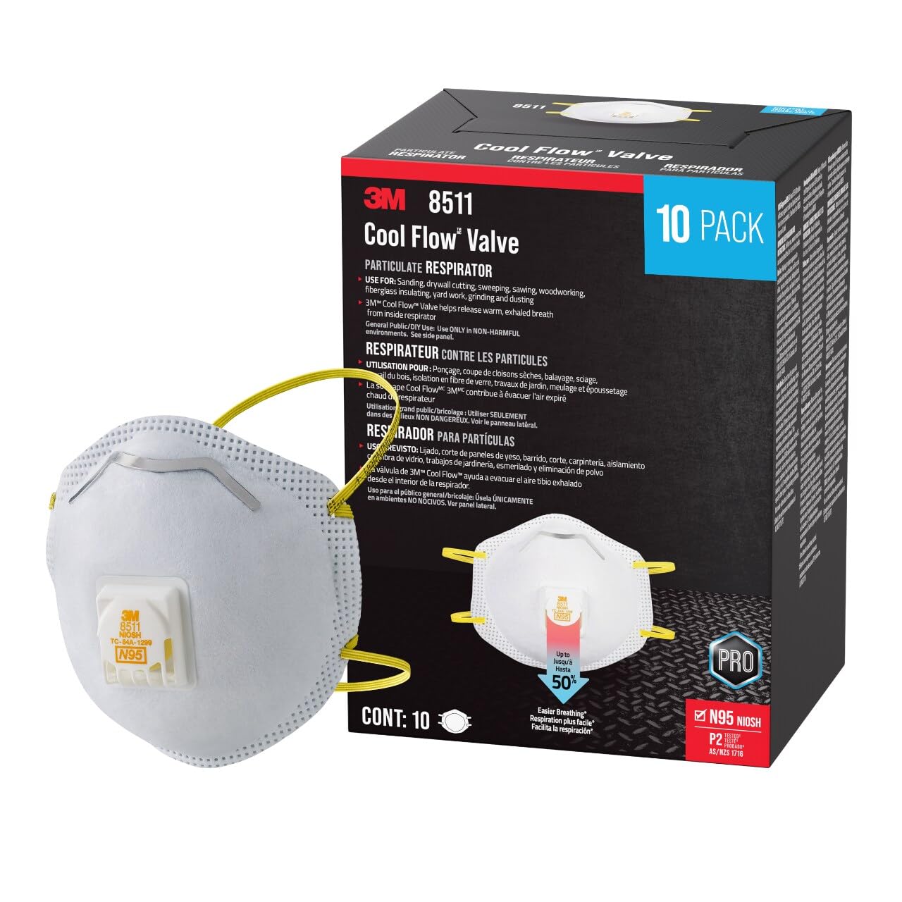 3M Atemschutzmaske N95 8511, Cool Flow Ventil, 10er Pack, NIOSH-ZUGELASSEN, Fortschrittliches Filtermedium für leichtes Atmen, Angenehm für lange Tragezeiten, Hilft beim Filtern von Pollen, Schimmelsporen & Staub (8511PB1-A-PS)
