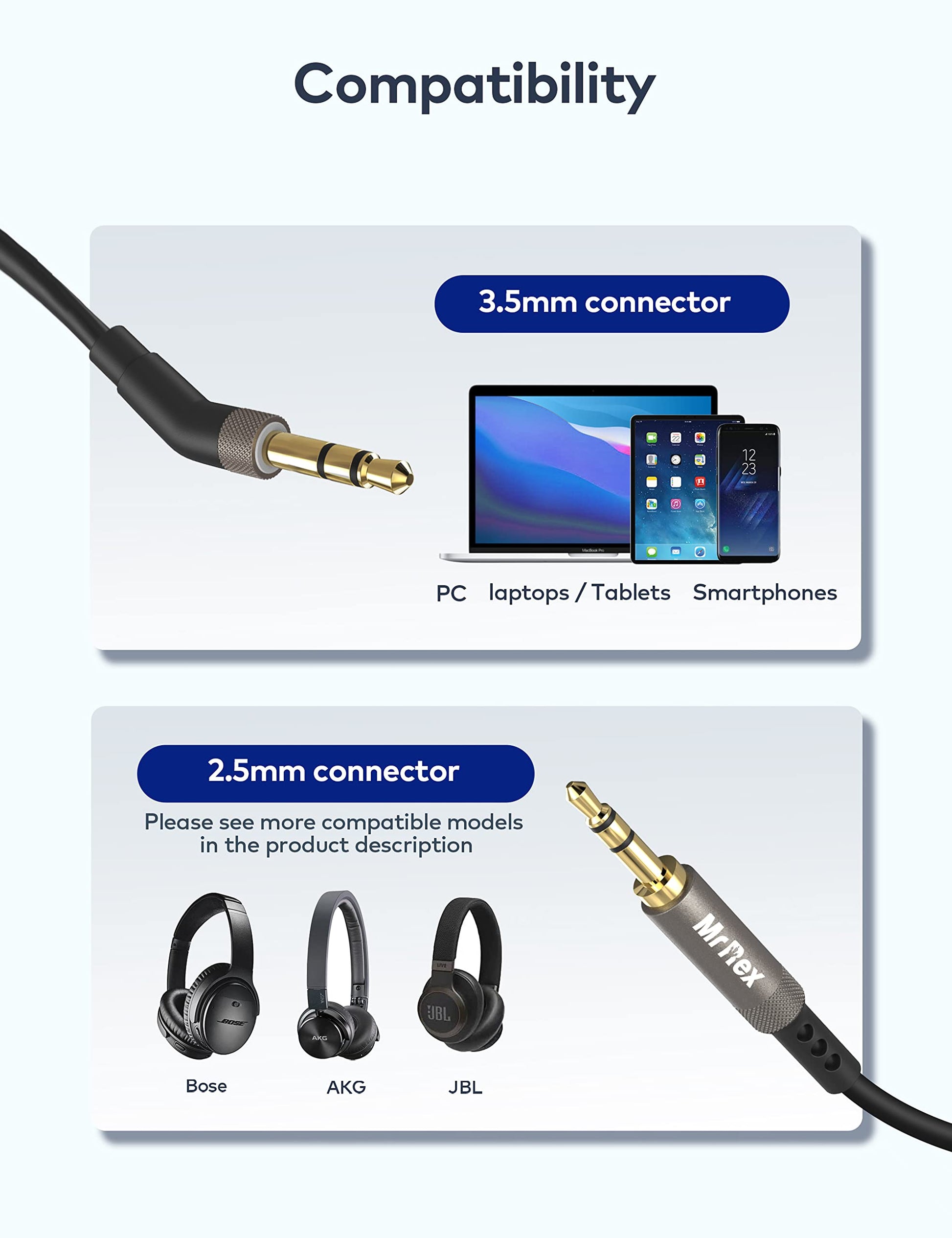 Mr Rex 3.5mm to 2.5mm Aux Cable Cord for Bose 700 QuietComfort Ultra QC45 QC35II QC35 QC25 Noise Cancelling Headphones, JBL E45BT E55BT E65BTNC Bluetooth Earphone, Audio Replacement Wire (1-Pack, 5FT)