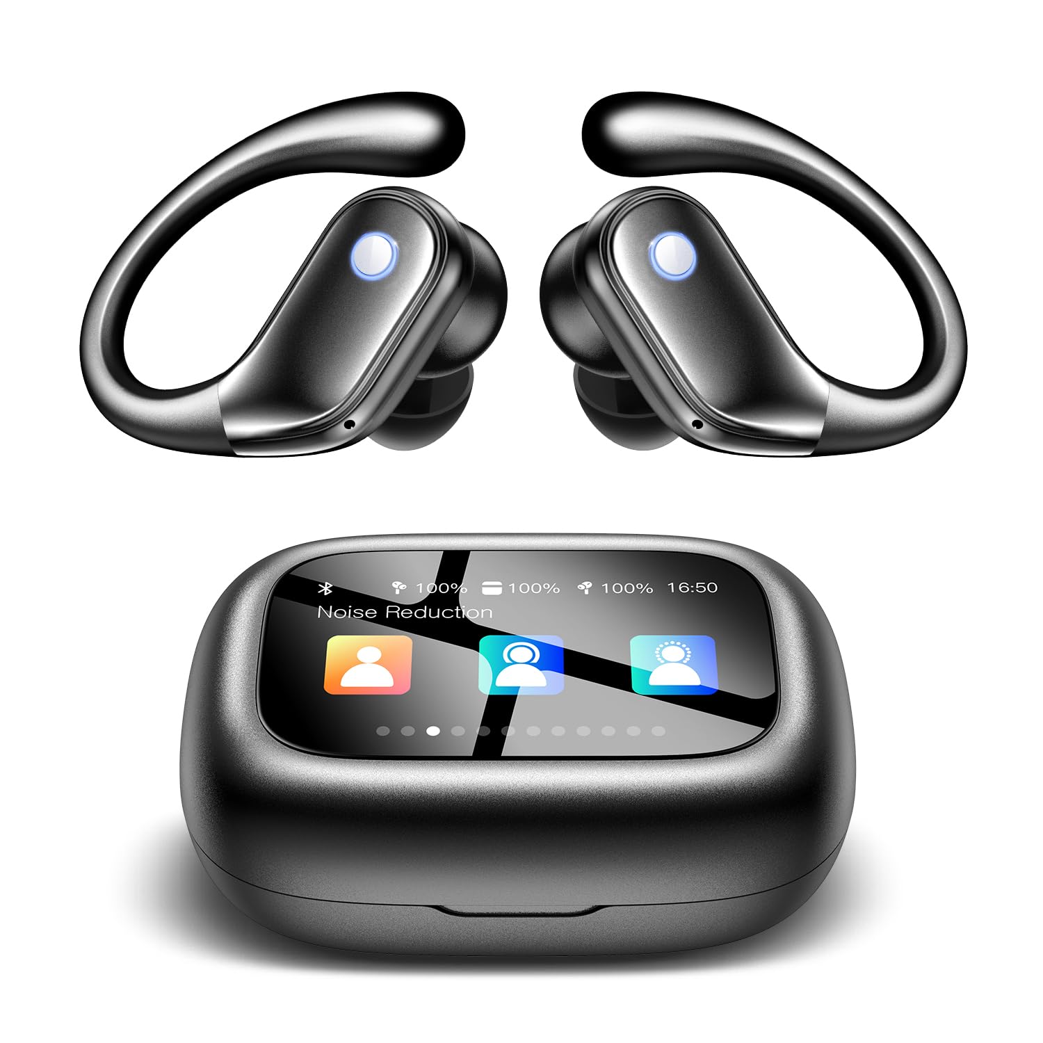 jaddsa Wireless Earbuds, ENC Noise Cancelling Sport Ear Buds with Multifunctional Touch Screen, Bluetooth 5.4 Headphones, Bass Stereo Sound, 5 EQ Over The Ear Earbuds for Sports/Workout/Gym-Black