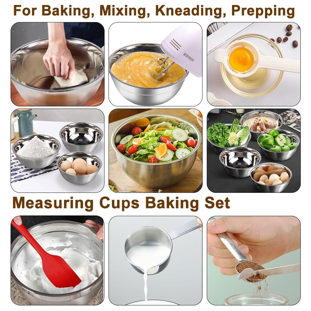 5-Speed Electric Hand Mixer, 4 Large Mixing Bowls Set, Handheld Mixers with Whisks Beater, Stainless Steel Metal Nesting Bowl Measuring Cups Spoons Kitchen Cake Blender for Baking Supplies
