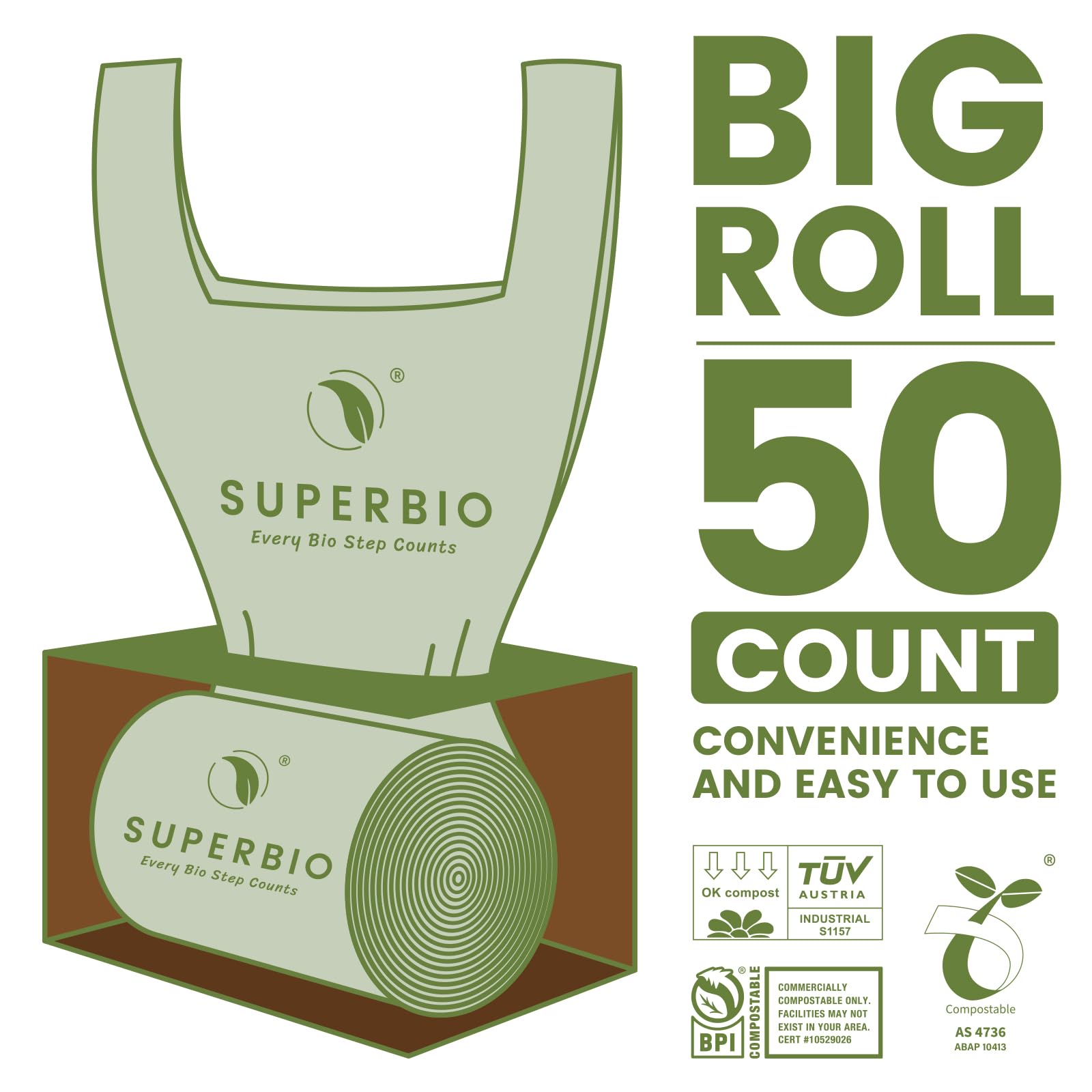 SUPERBIO 1.6 Gallon Handle Tie Compostable Food Scrap Bags For Counter Top Compost Bin, Small Compost Bags, 50 Count, 6 Liter, BPI & OK compost INDUSTRIAL Certified
