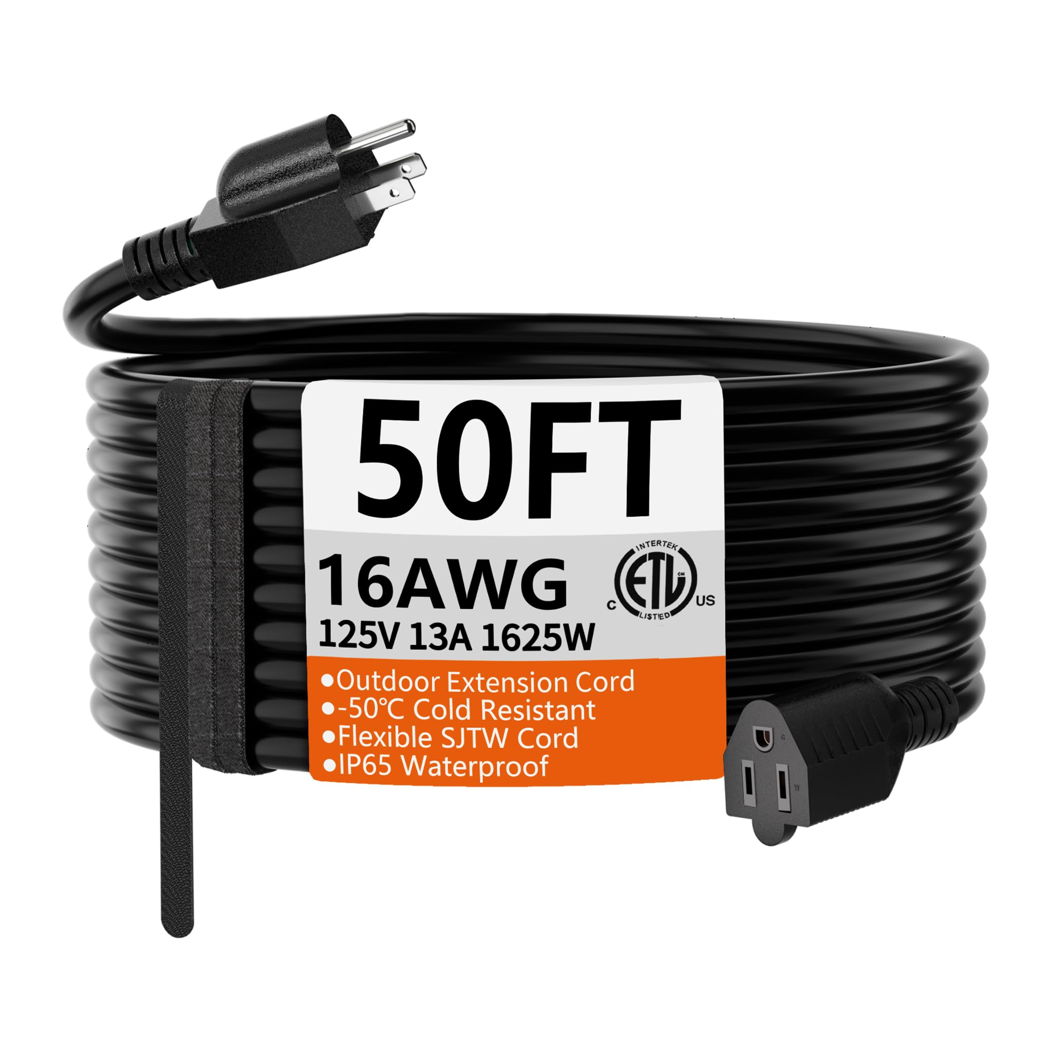 HUANCHAIN 15,24 m (50 Fuß) 16 Gauge schwarzes Verlängerungskabel für den Innen- und Außenbereich, wasserdicht, flexibel, kältebeständig, 3-poliges Elektrokabel für den Außenbereich, 13 A 1625 W 125 V 16AWG SJTW, ETL-gelistet