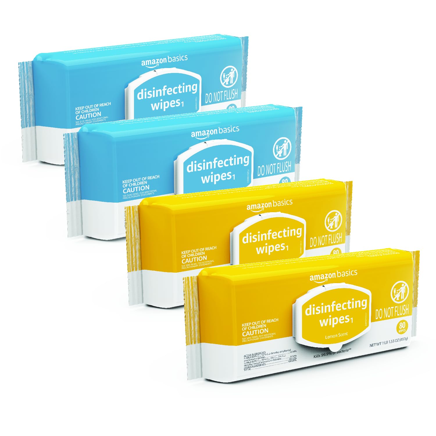 Basics Disinfecting Wipes, Lemon & Fresh Air Scent, Sanitizes/Cleans/Disinfects/Deodorizes, 320 Count (4 Packs of 80)
