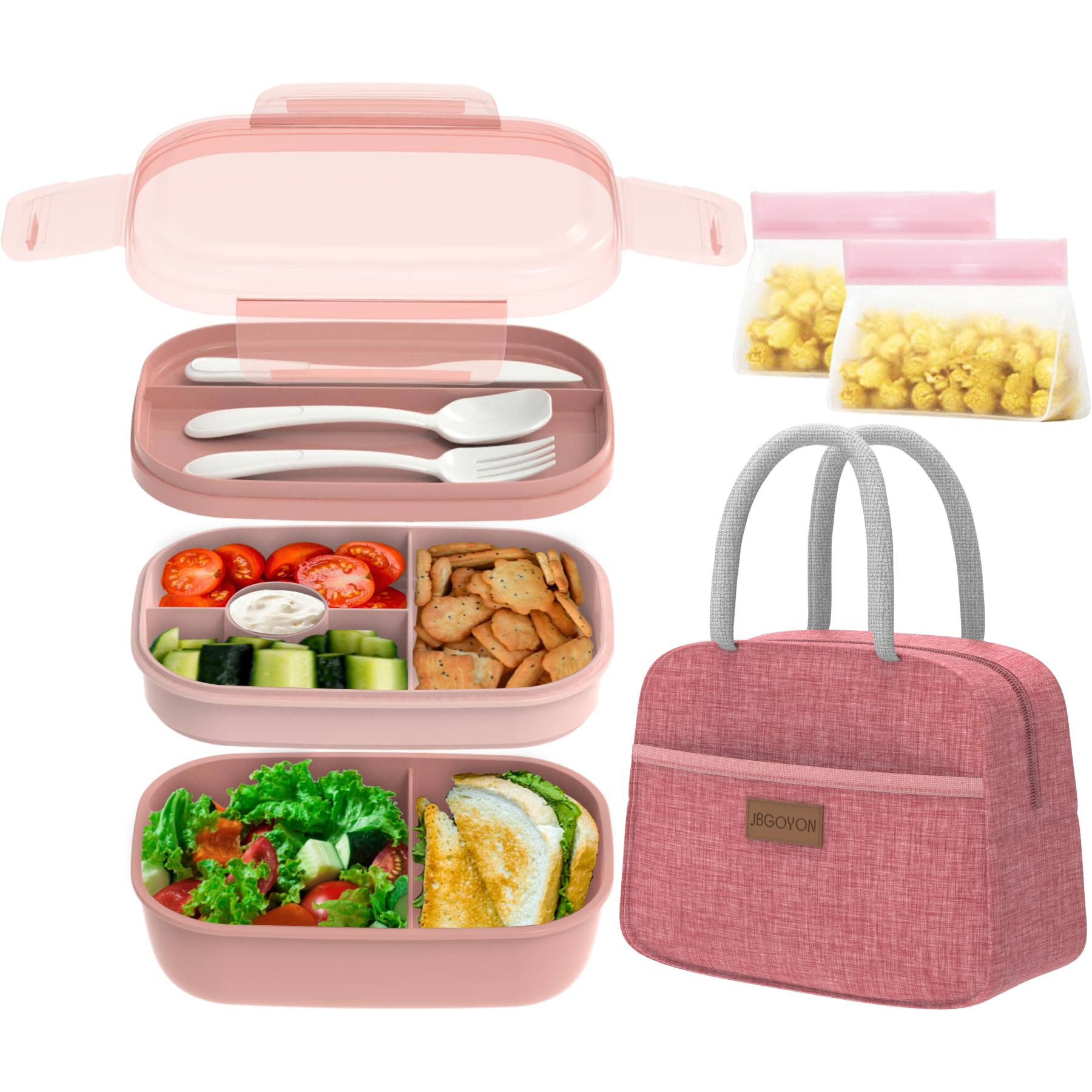 JBGOYON Bento Lunch Box Set - 3 Stackable Containers for Adults and Kids,lunch box for women- Includes Lunch Bag, Leak-Proof and BPA-Free - Built-in Utensil Set - Dishwasher Safe (Pink)