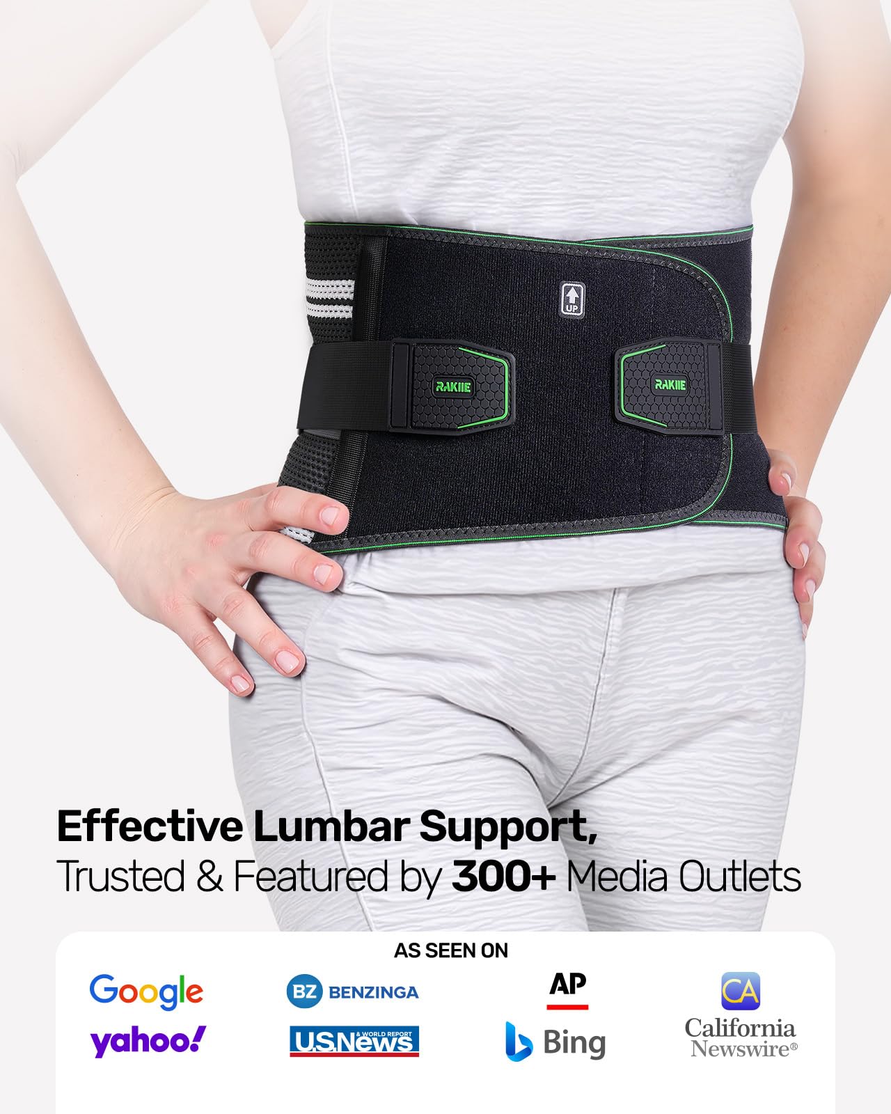 Rakiie Back Brace for Lower Back Pain Relief, 8X Powerful Lumbar Support with 3D Pad, Support Belt for Men Women, Breathable Back Support Brace with Adjustable Strap, Green Size M