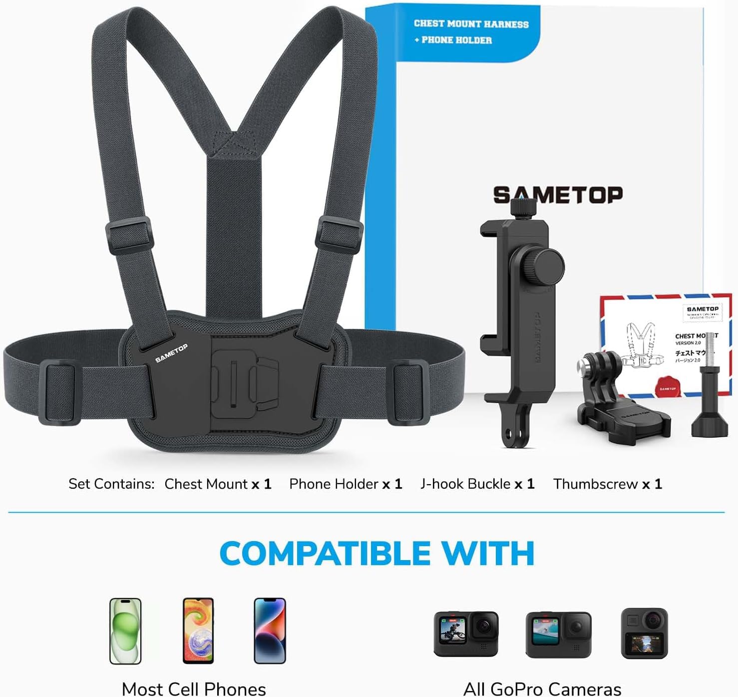 Sametop Phone Chest Mount Harness Holder Mobile Phone Strap Clip Compatible with iPhone Samsung GoPro 13/12/11/10/9/8 DJI Osmo and Most Cell Phones Action Cameras POV/VLOG