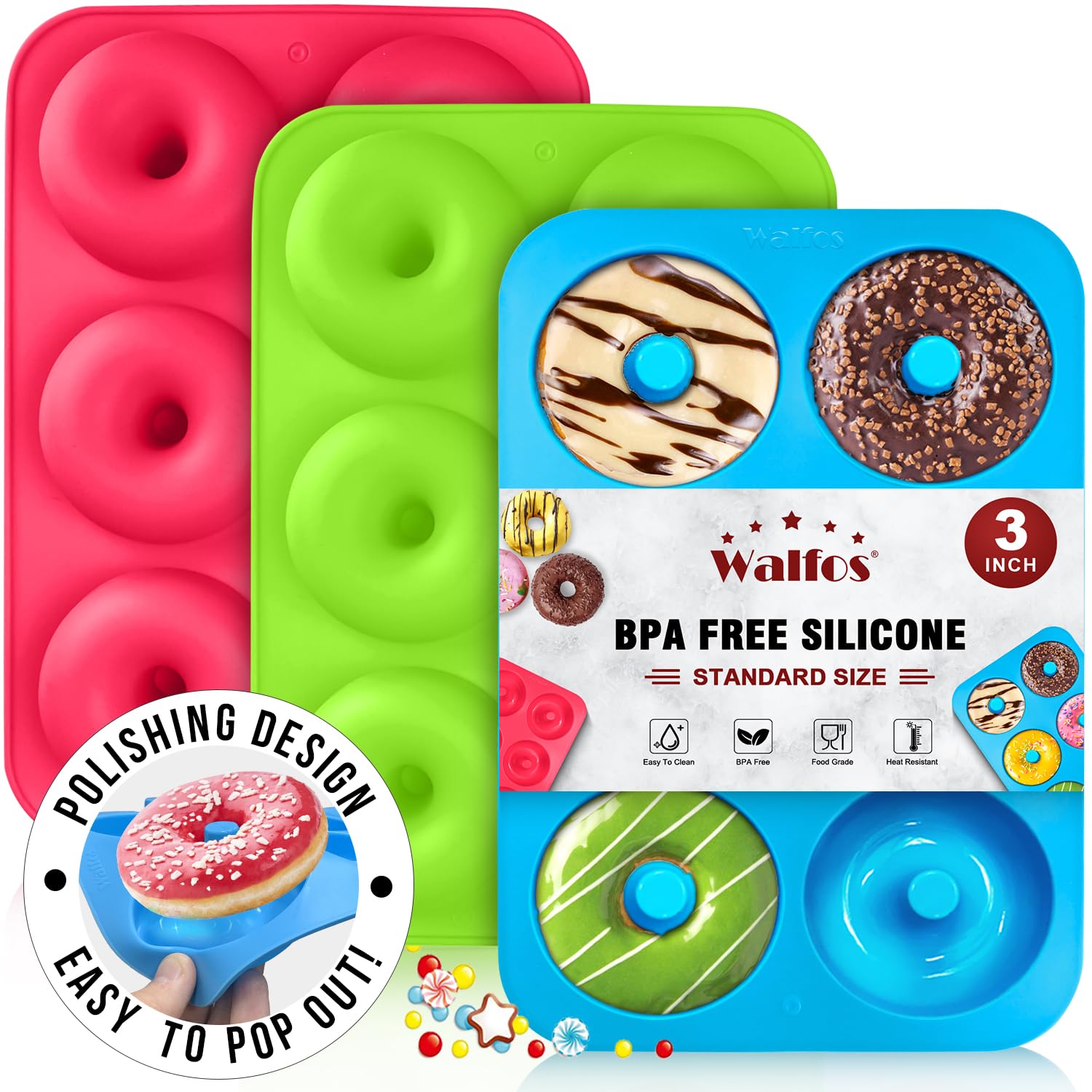 Walfos Silikon-Donutform – Antihaft-Donut-Backblech-Set aus Silikon, einfach herausdrücken! Hitzebeständig, für perfekte Donut-Kuchen, Kekse, Bagels, BPA-frei und spülmaschinenfest, 3er-Set
