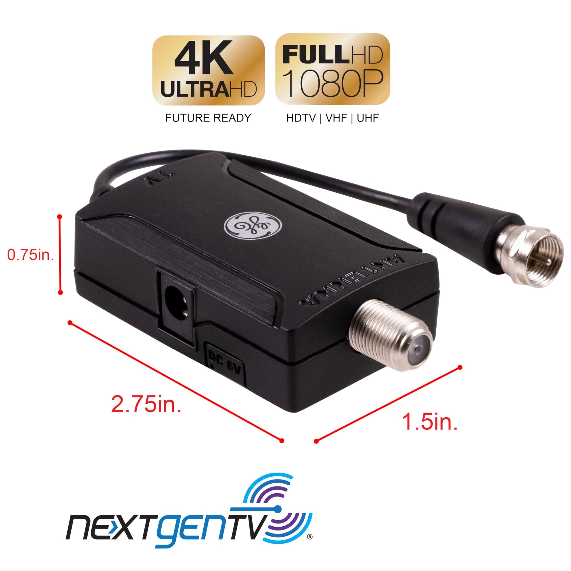 GE Indoor TV Antenna Amplifier, Antenna Signal Booster, HD TV Digital VHF UHF, Low Noise, AC Power Adapter, Black, 42178