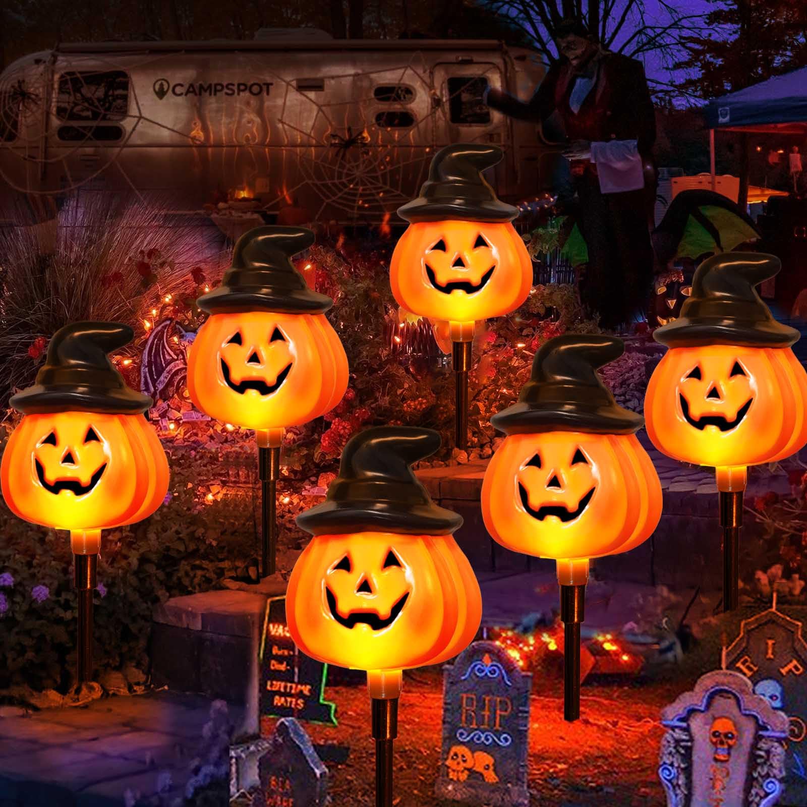 6er-Pack Solar-Kürbis-Laternen-Lichterkette – orangefarbene Halloween-Wegbeleuchtung für die Outdoor-Halloween-Hofdekoration