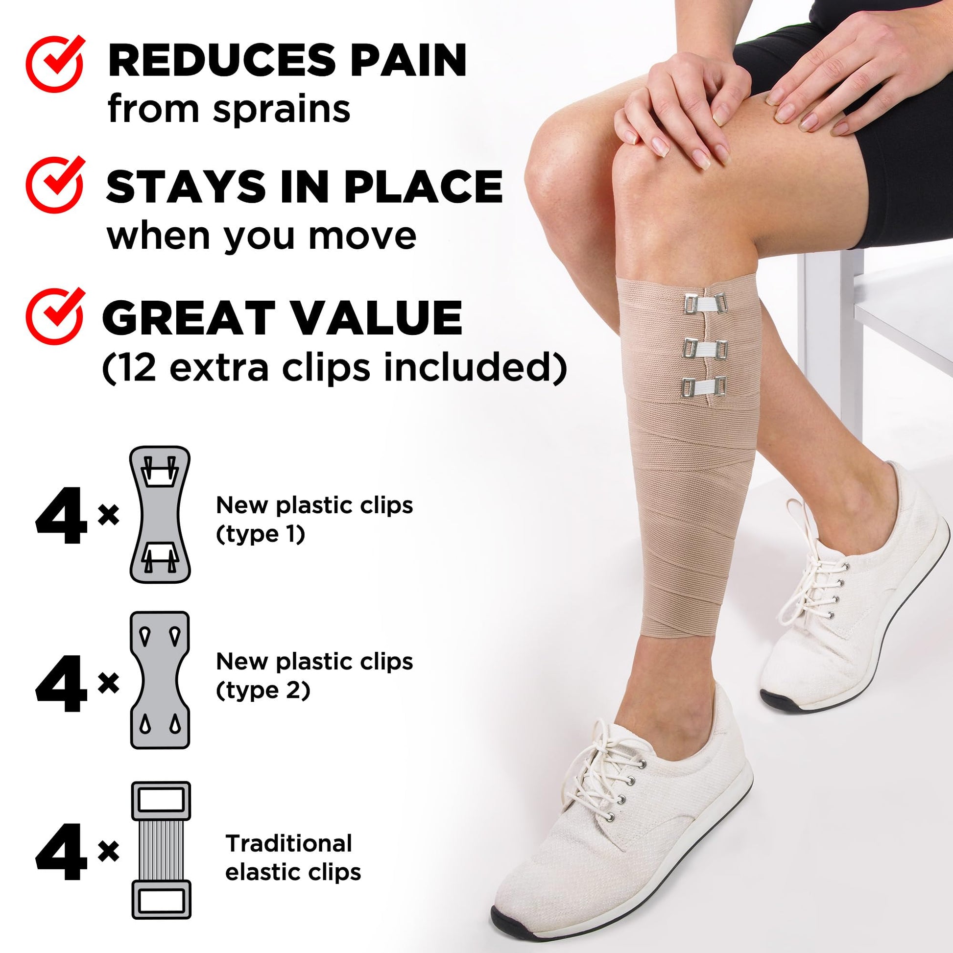Premium Elastic Bandage Wrap - 4pk (2x3in, 2x4in) + 12 Extra Clips - Strong Compression Bandage Wrap for Wrists, Ankles, Feet and Knees