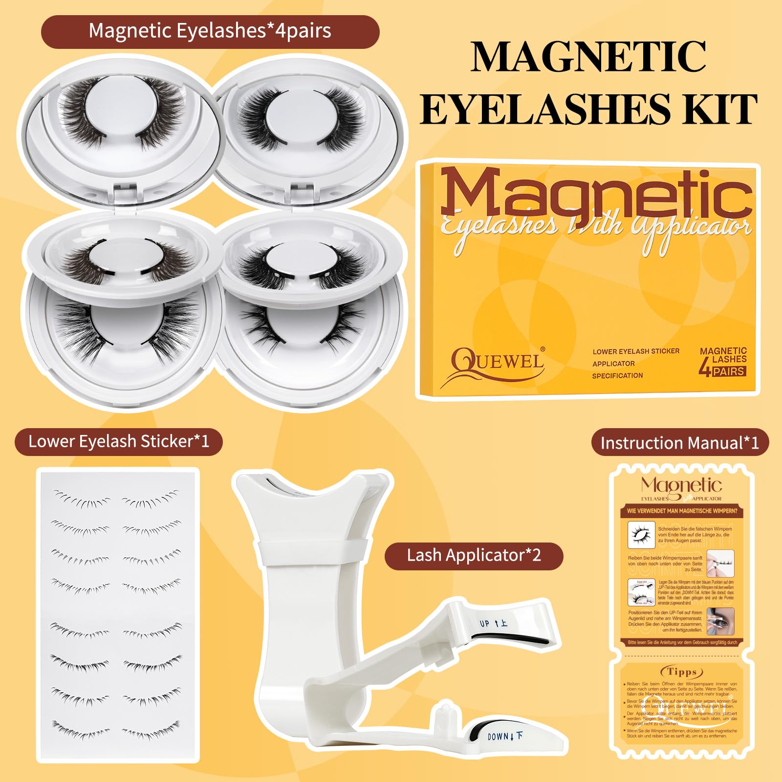 QUEWEL 4 Pairs Magnetic Eyelashes Natural Look, Reusable Magnetic Eyelashes with Applicator, No Glue Needed Lash Clusters Kit, Easy to Wear and Remove(4 Pairs-A02)