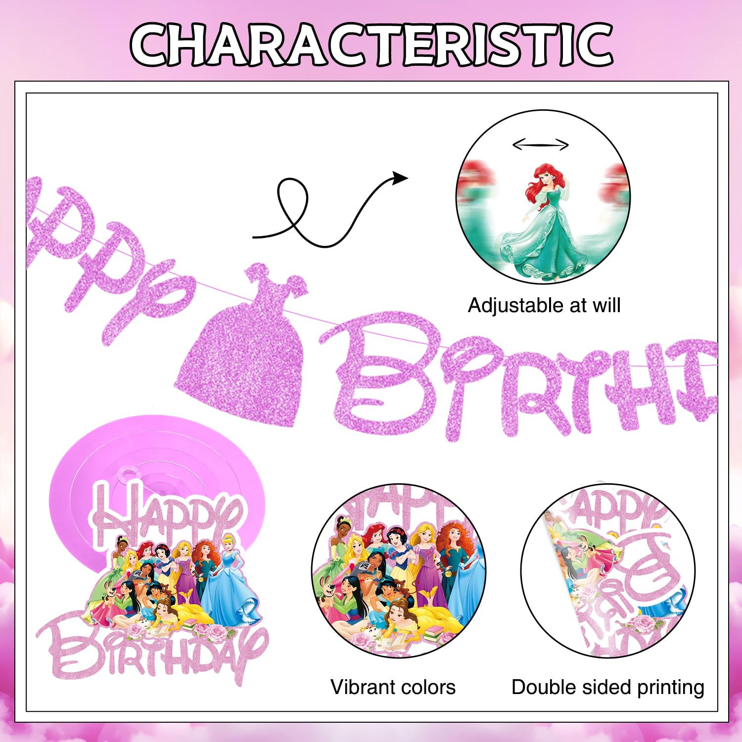 Princess Birthday Party Decorations Include 1pc Glitter Happy Birthday Banner,1pc Princess Banner and 14pcs Cute Hanging Swirls for Girls, Pre-Assembled Party Decorations