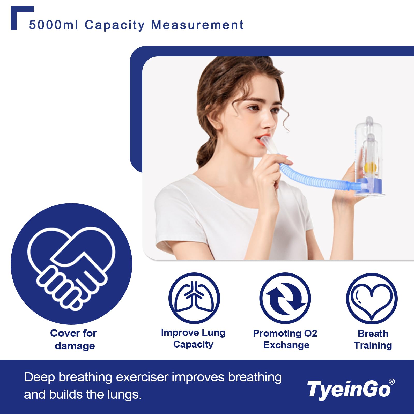 Incentive Spirometer Adult, Breathing Exercise Device for Lungs, Deep Breathing Trainer for Adults - 5000ml Volume Measurement with Flow Rate Indicator