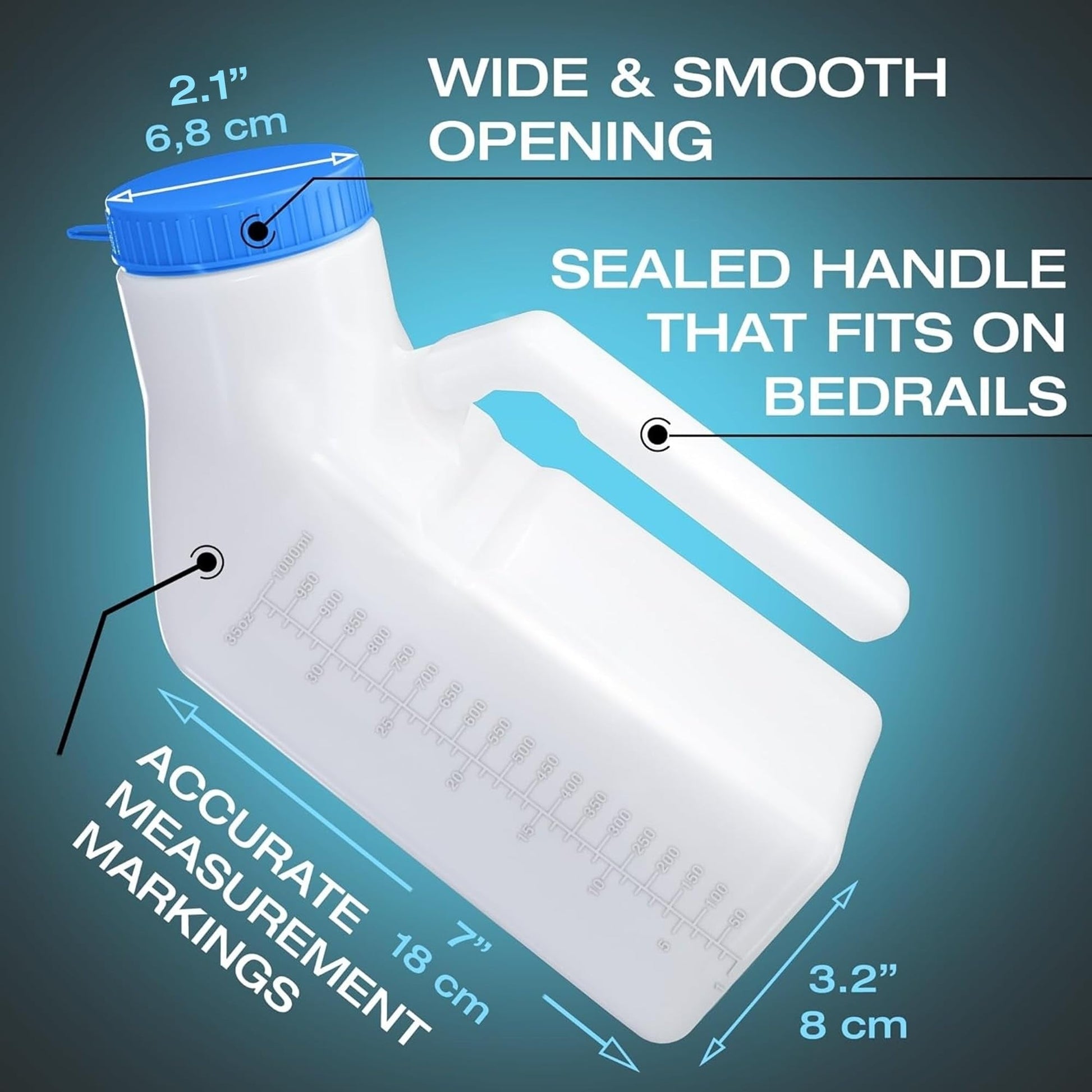 Urinals for Men Glow in The Dark Lid by Tilcare (1 Pack) - 32oz/1000mL Thick Plastic Mens Bedpan Bottle with Screw-on Lid - Spill Proof Portable Pee Bottles - Travel Urine Collection Containers