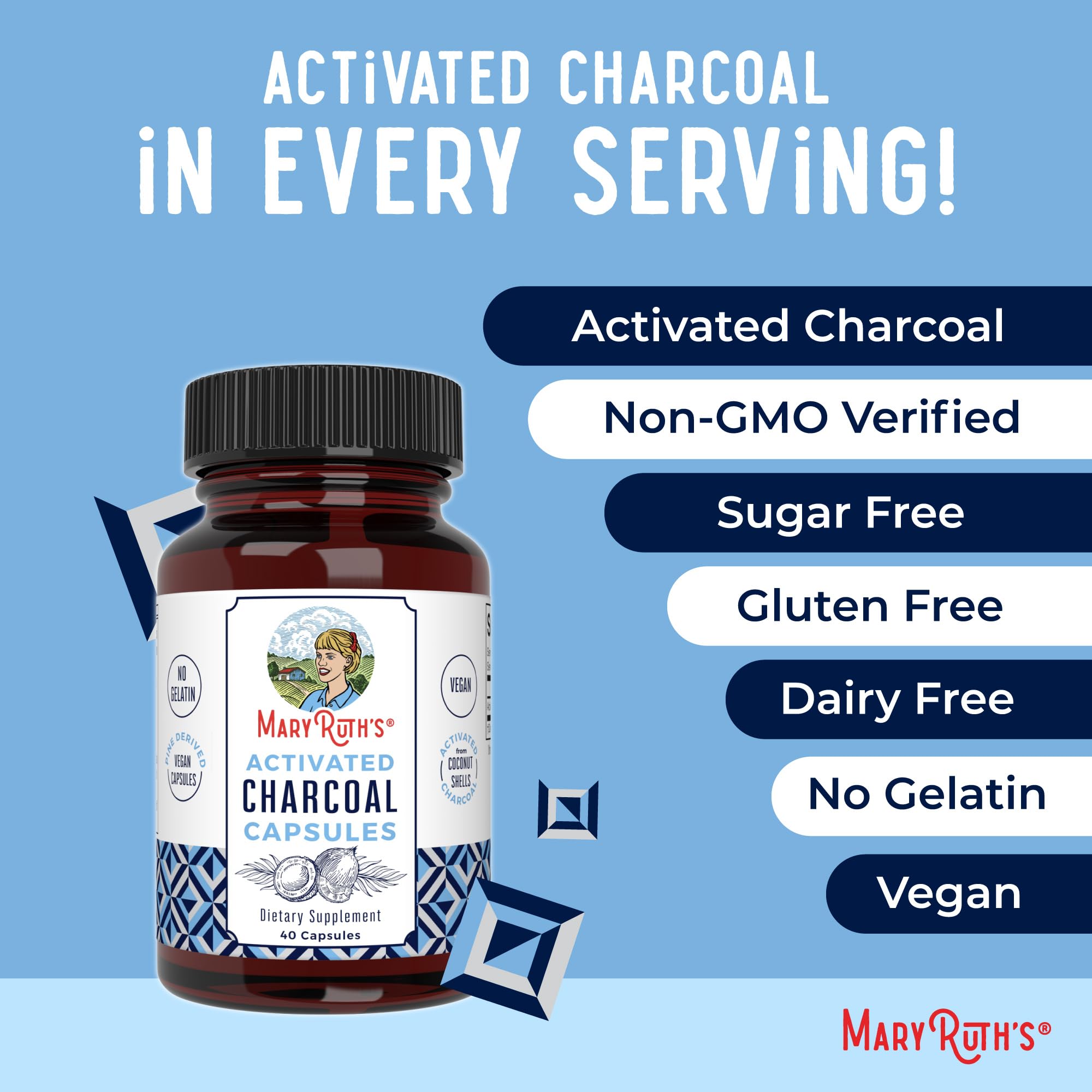MaryRuth Organics Activated Charcoal Capsules | Substance Adsorption | Derived from Coconut Shells | Vegan Capsules from Pine Trees | Non-GMO | Gluten Free | 40 Count