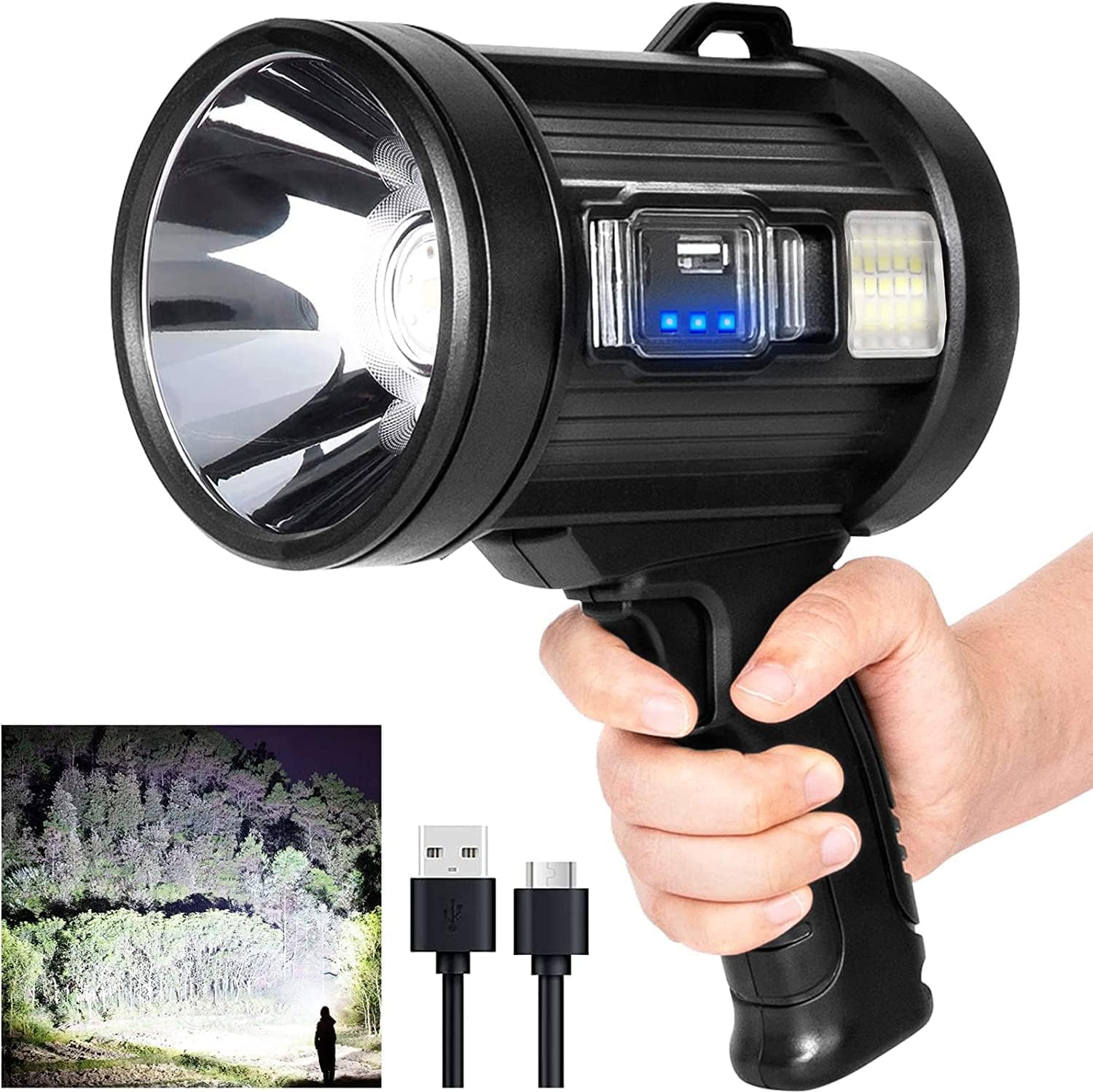 MIXILIN Wiederaufladbarer Handscheinwerfer, 90.000 Lumen Tragbarer Jagdscheinwerfer mit LED, COB-Licht und Solarpanels, Leichter und superheller Suchscheinwerfer für Jagd, Bootfahren, Camping