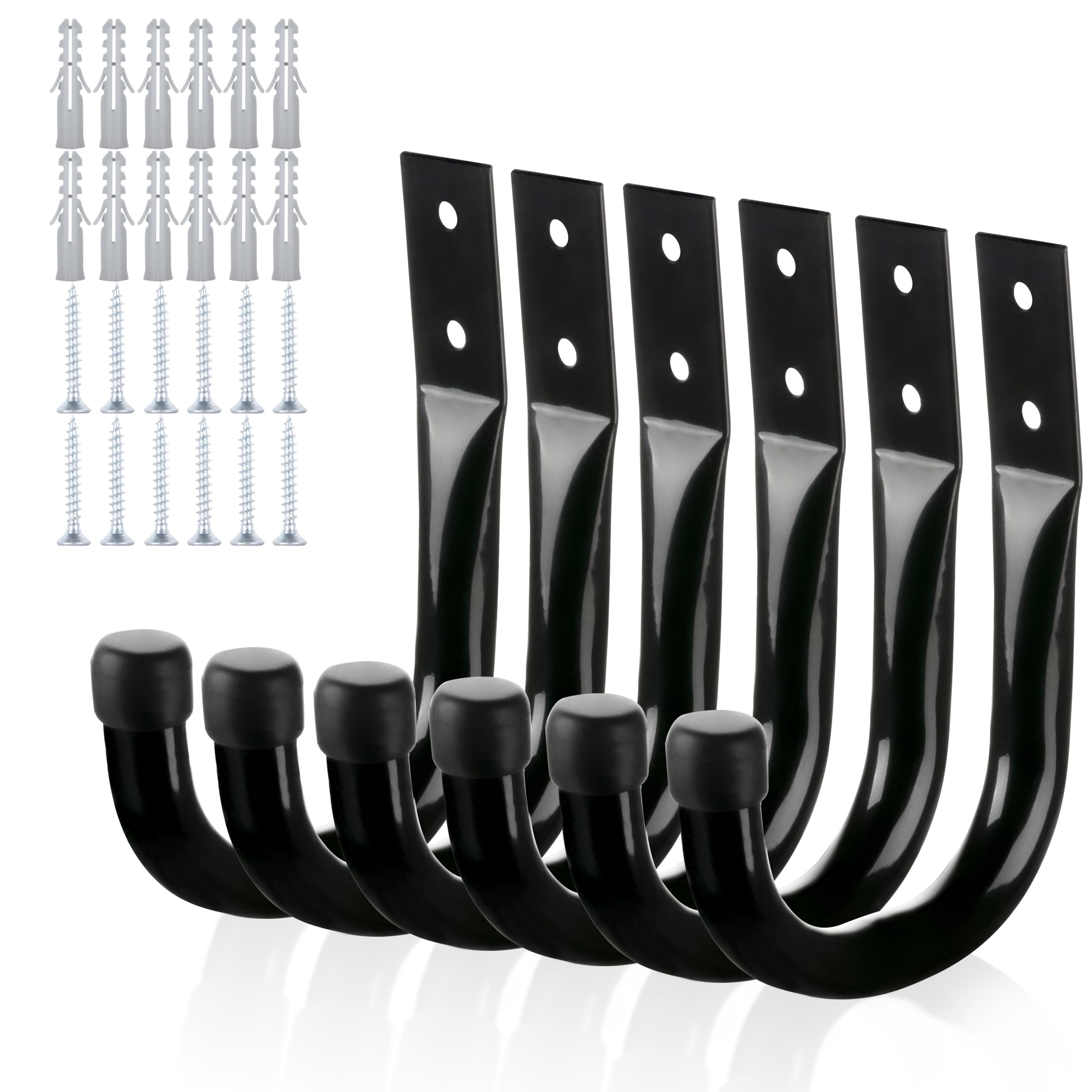 KURUI Metallwandhaken für schwere Lasten, 6 Stück Garagen-Organizer- und Aufbewahrungshaken für Verlängerungskabel, Werkzeuge, Mäntel, Rucksäcke, Taschen, große Utility-J-Haken, schwarze Wandhalterung für den Außen- und Innenbereich