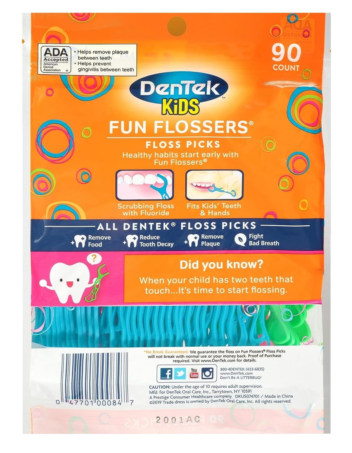 DenTek Kids Fun Flossers, Floss Picks, Removes Food & Plaque, 90 Count