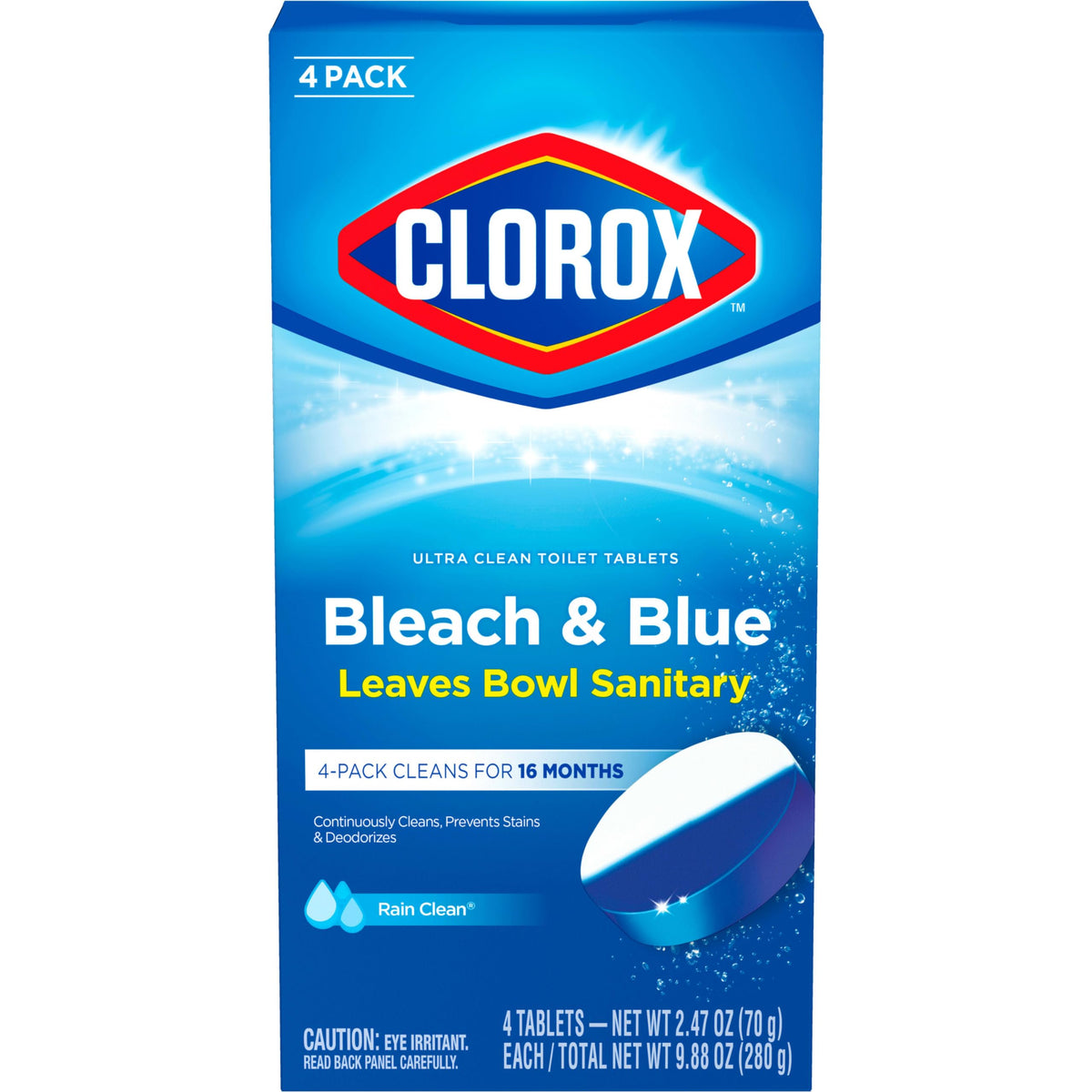 CLOROX Ultra Clean Toilet Tablets Bleach & Blue, Rain Clean Scent 2.47 Ounces Each, 4 Count (Package May Vary)