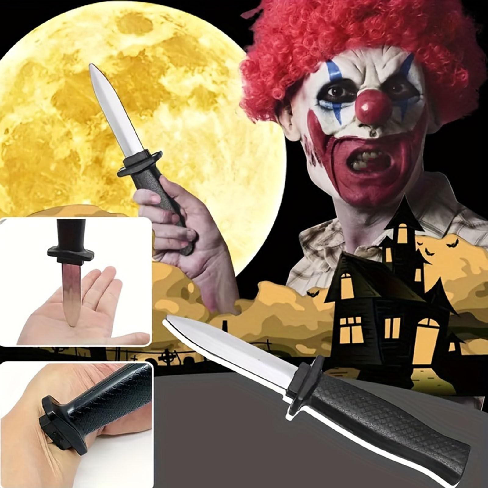 GUDVES Retractable Knife Prop Knife Fake Knife False Trick Gadget Toy Disappearing Dagger Plastic Halloween Fools Day Party Trick Costume Knife (3 PCS A)