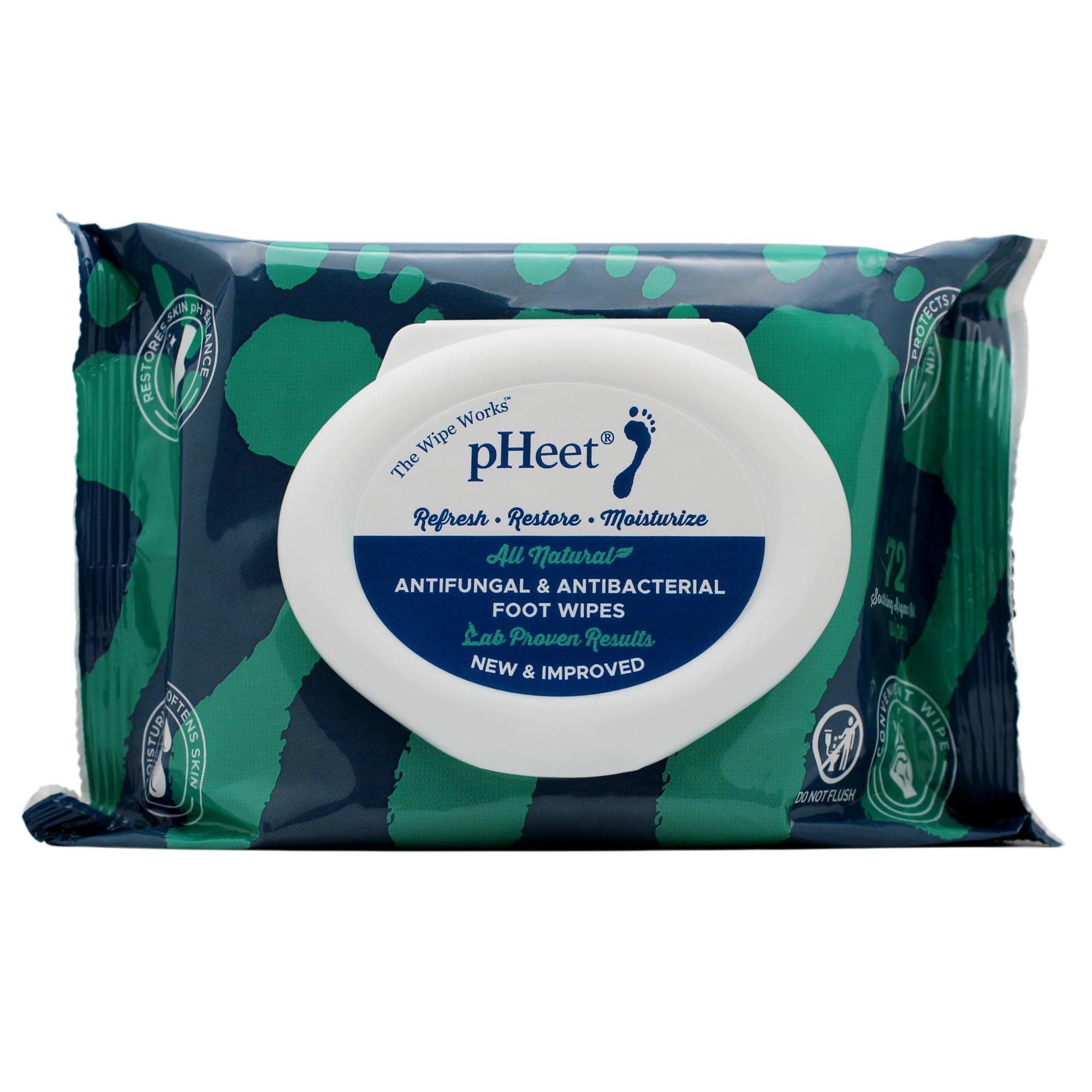 pHeet Foot Wipes All-Natural Antifungal & Antibacterial Formula, Cleanses, Moisturizes, Prevents & Kills Athletes Foot, Toenail & Foot Fungus, Odor & Improves Dry, Cracked, Flaky & Diabetic Skin 72ct