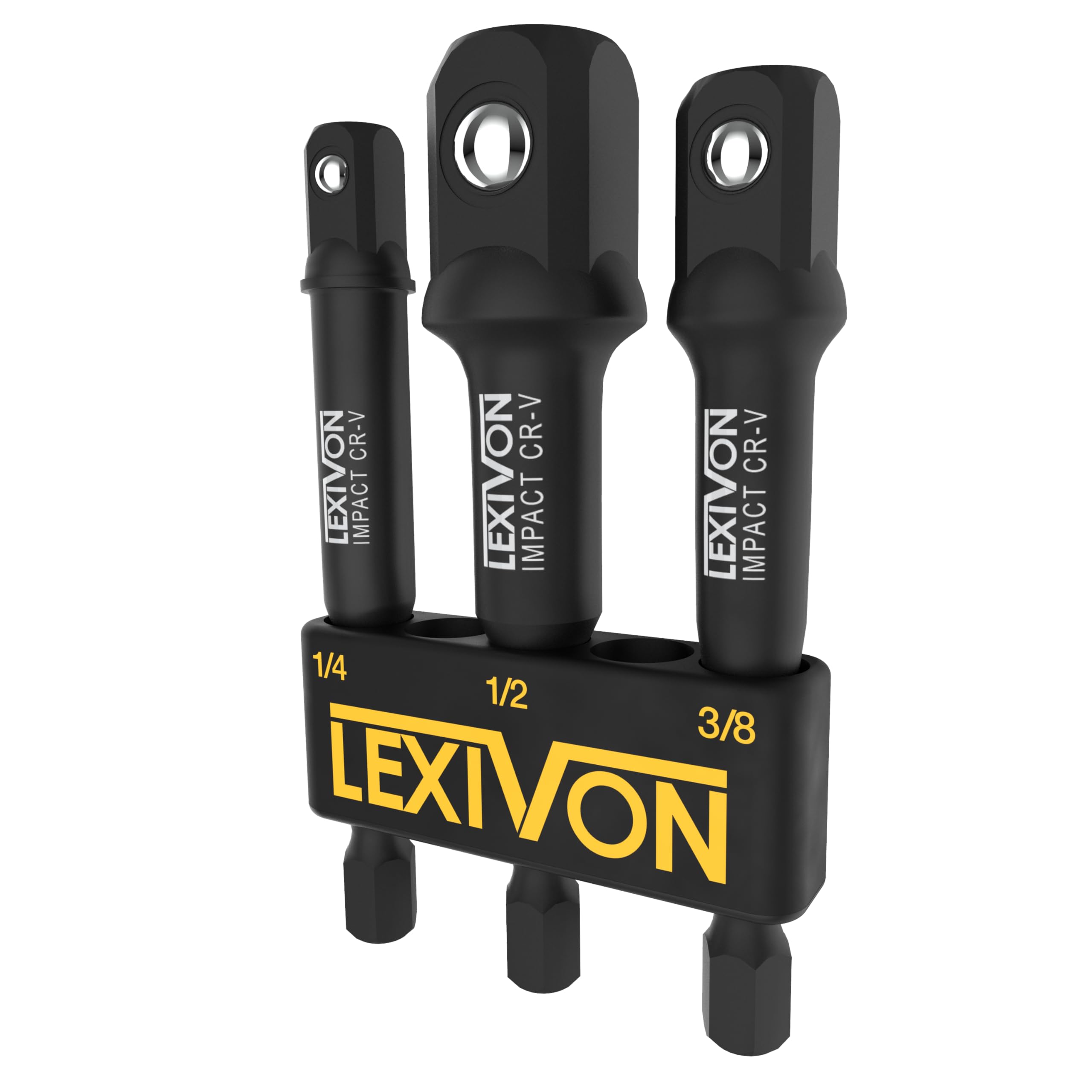 LEXIVON Schlagschrauber-Steckschlüsseladapter-Set, 7,6 cm Verlängerungsbit mit Halterung | 3-teilig 1/4", 3/8" und 1/2" Antrieb, passt Ihre Bohrmaschine an einen Schlagschrauber mit hohem Drehmoment an (LX-101)