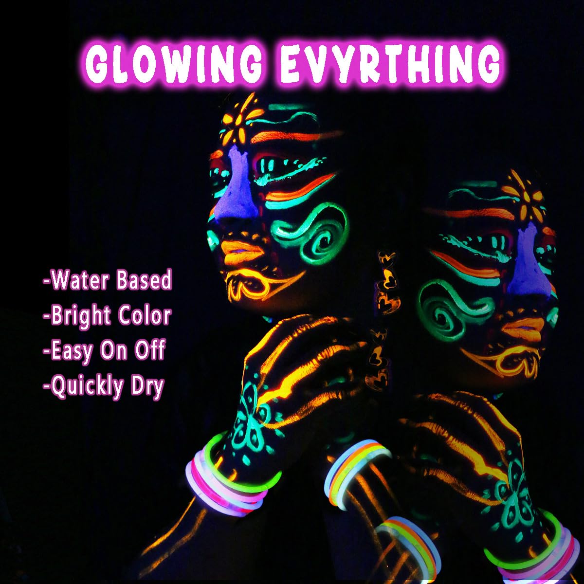 Depvision Glow in the Dark UV Face and Body Paint 6*10ml Neon Blacklight 0.34oz Reactive Fluorescent for Christmas Halloween Party Non-toxic