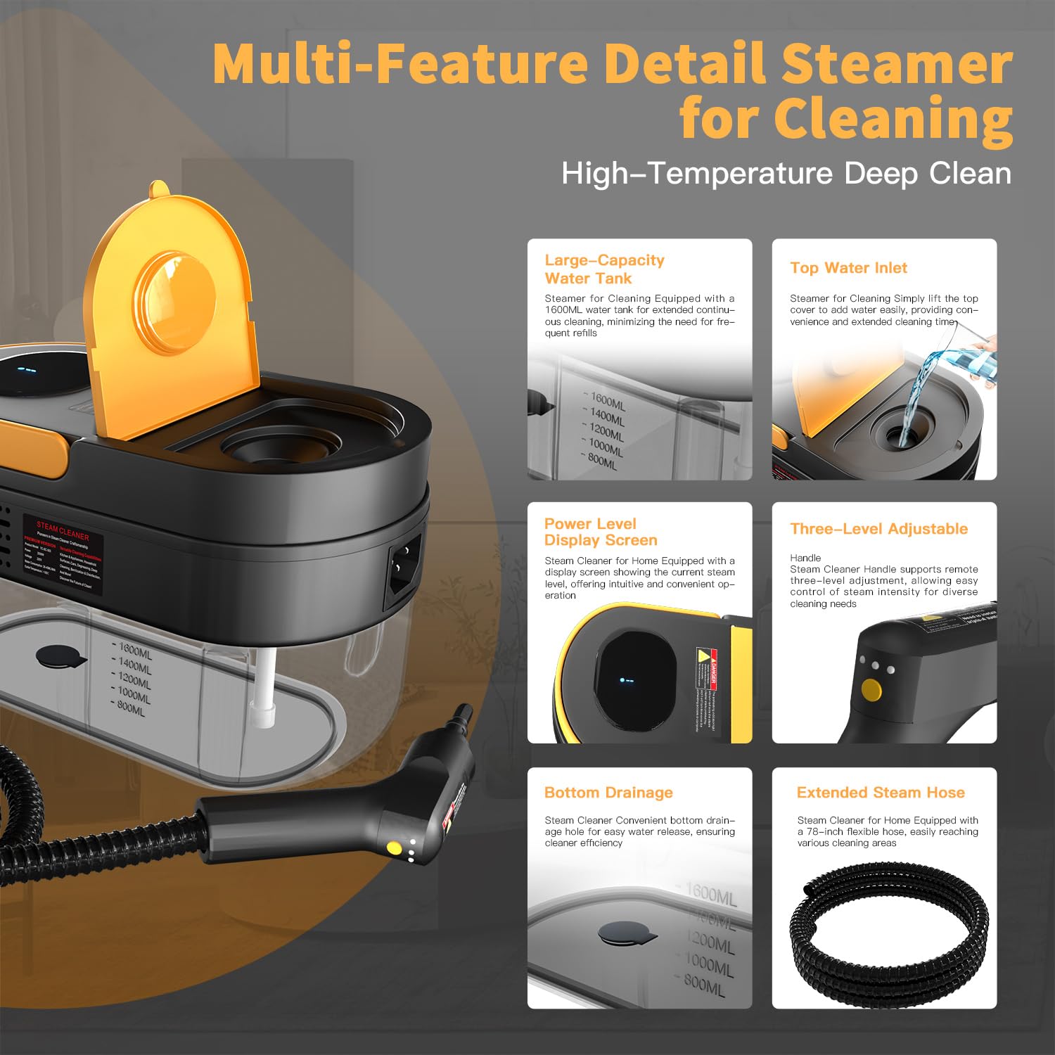 Gautye Steam Cleaner, 3-Level Adjustable Handle, 15s Heat-Up, 1.69 Quarts Tank, Portable Steamer for Cleaning with 15 pcs Accessories, Steam Cleaner for Home for Dirt, Grease, Grout, Tile,Floor, Car