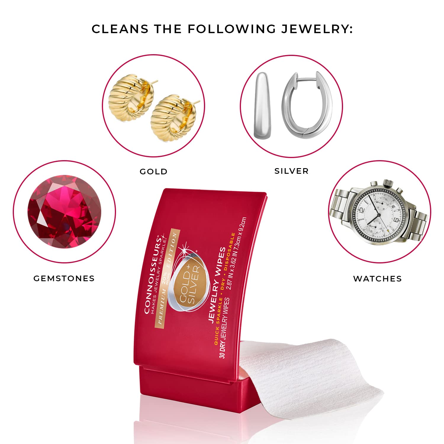 CONNOISSEURS Premium Edition Jewelry Wipes for Gold & Silver Jewelry - 30 Pack - Dry and Disposable - Clean, Polish, and Remove Tarnish