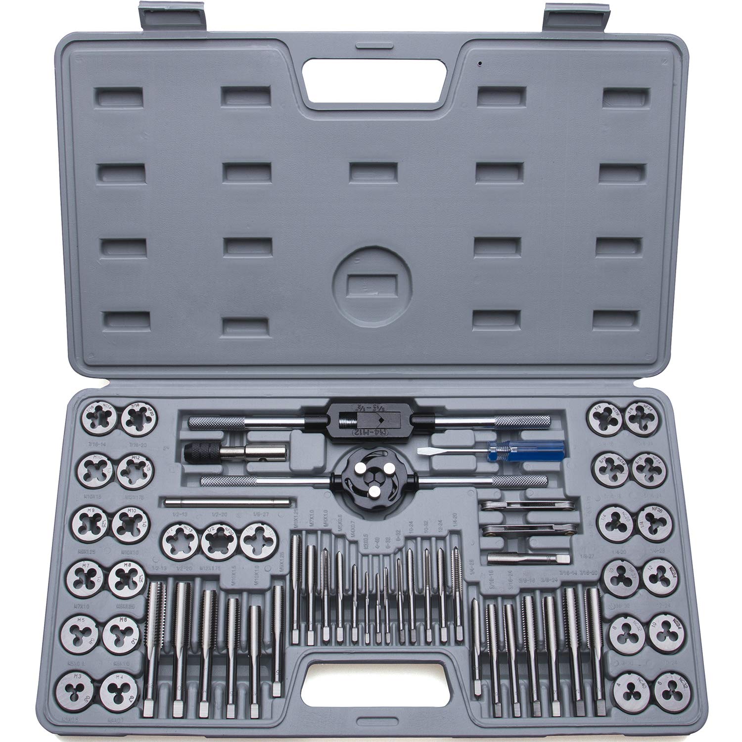 60-Pc Master Tap and Die Set - Include SAE Inch Size #4 to 1/2” and Metric Size M3 to M12, Coarse and Fine Threads | Essential Threading Rethreading Tool Kit with Complete Accessories and Storage Case