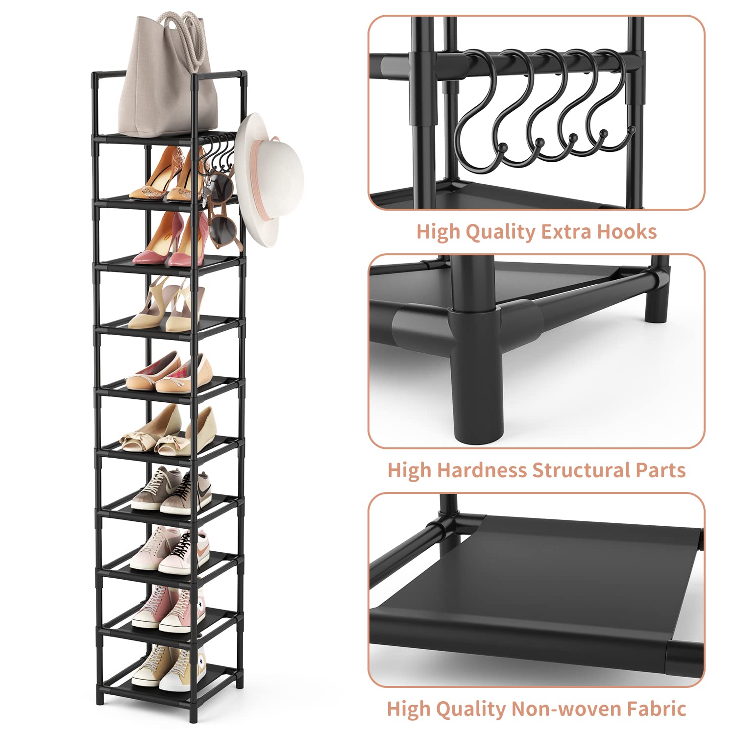 LANTEFUL Tall Narrow Shoe Rack for Entryway, 10-Tier Sturdy Metal Shoe Shelf Storage 10-15 Pairs of Shoes and Boots, Space Saving Corner Shoe Rack Organizer for Closet,Doorway,Garage,Living Room
