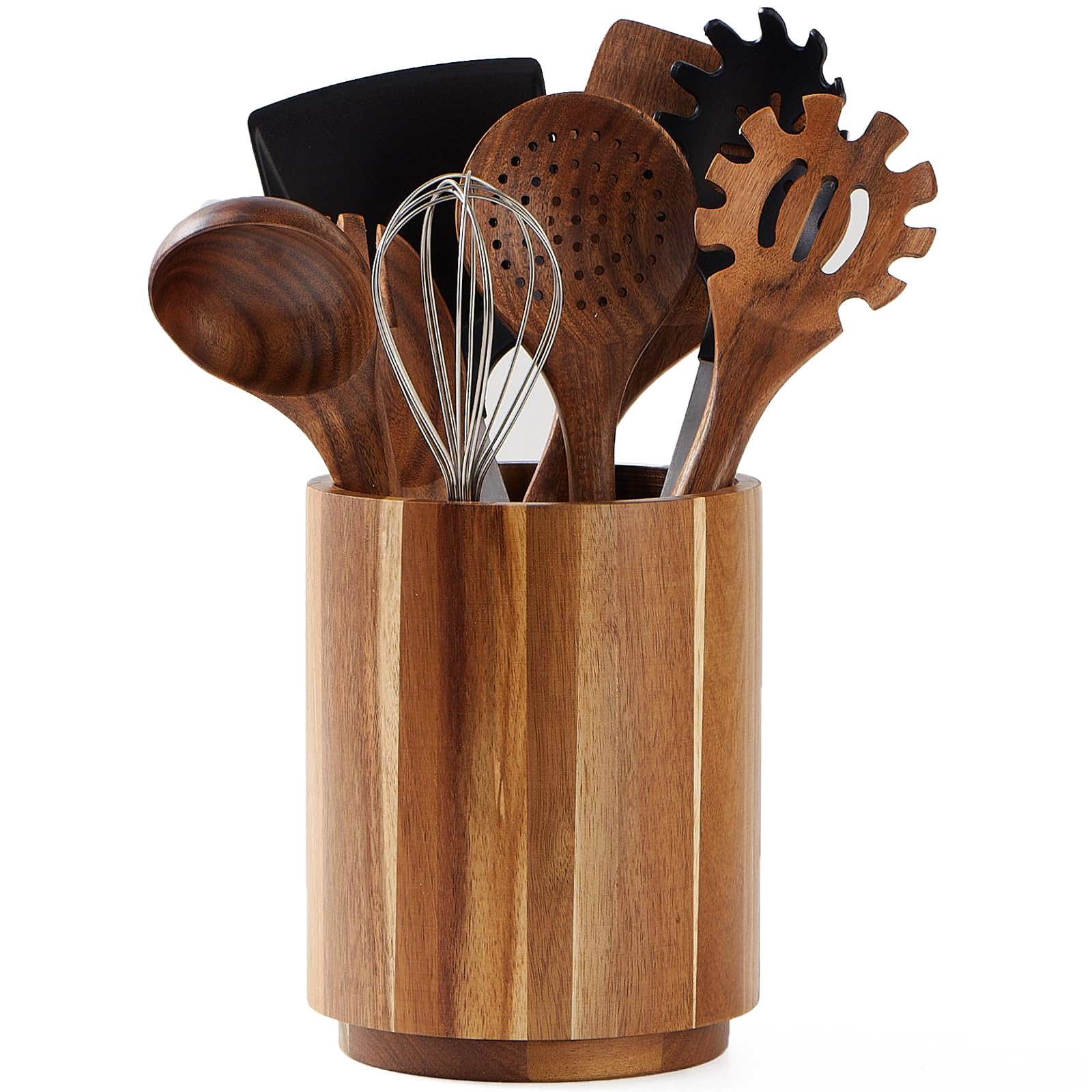 LOHONER Acacia Wood Utensil Holder for Kitchen Counter, 360 degrees Rotating 7.2" Wooden Cooking Utensil Crock for Countertop, Farmhouse Kitchen Decor
