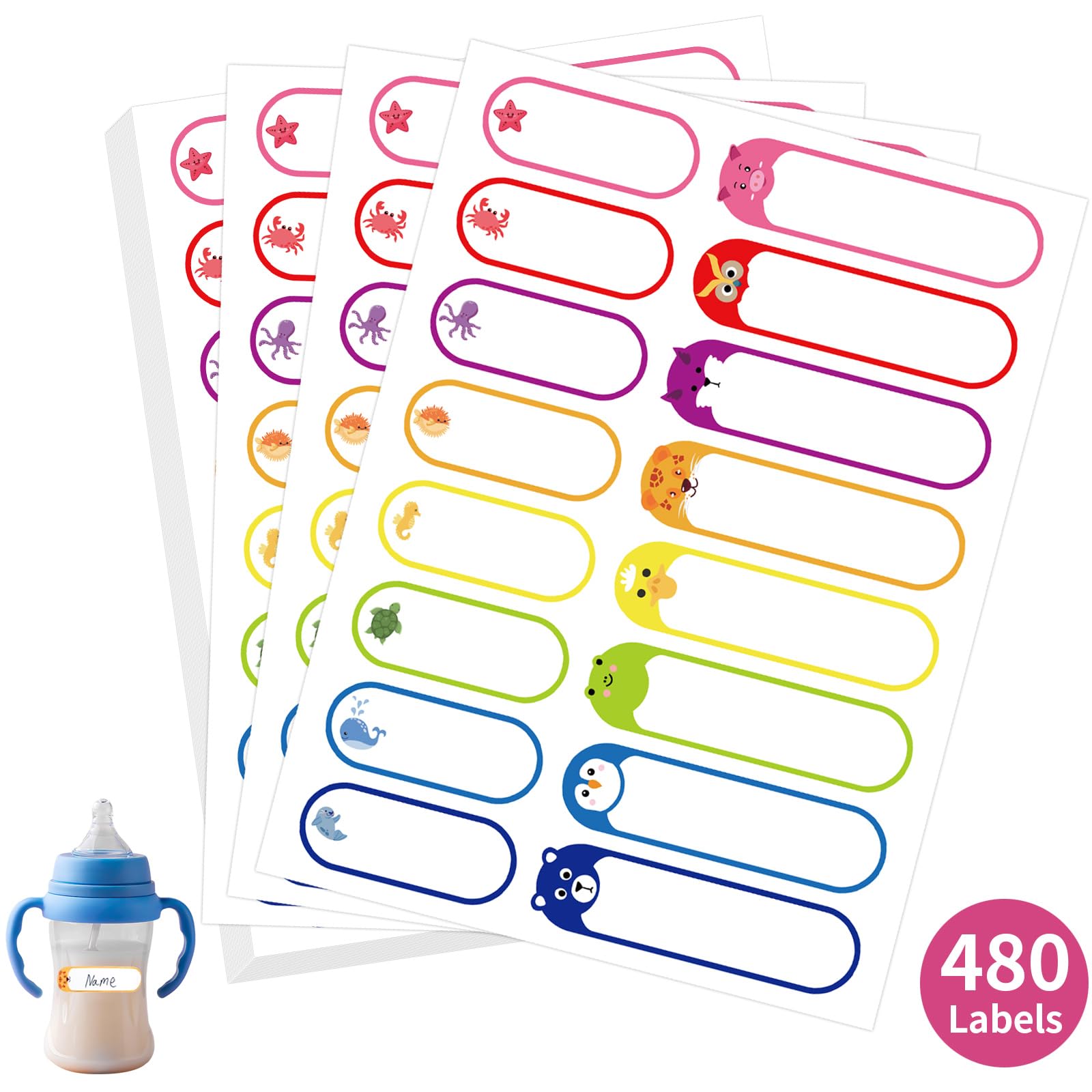 480 Pcs Labels for Kids Stuff Daycare, Waterproof Baby Name Label, Washable Bottle Labels, Reusable Self-Adhesive Tag Stickers for School Essentials, Self-Laminating Write-on