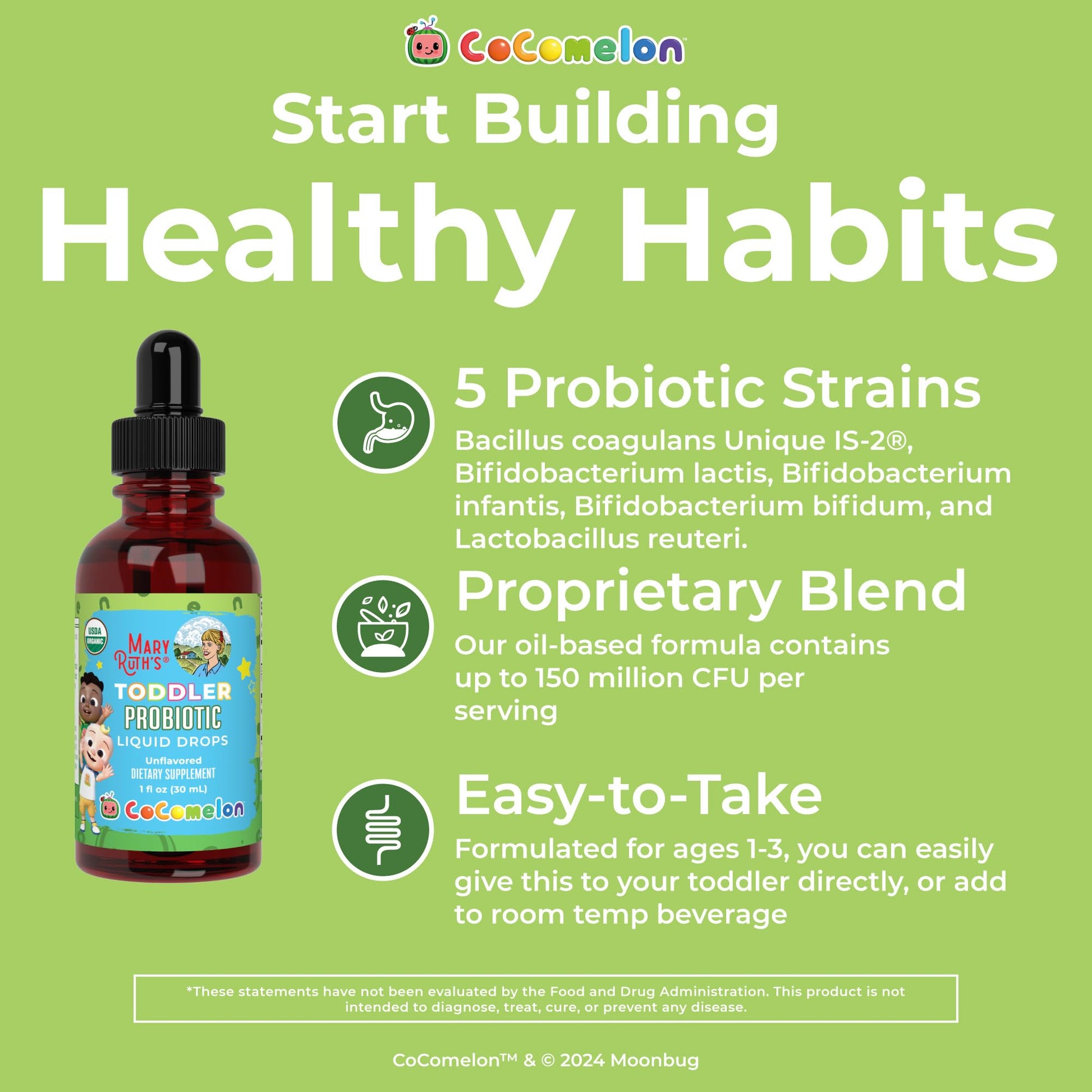 MaryRuth Organics Cocomelon Toddler Probiotic Liquid Drops | Kids Probiotics for Ages 1-3 | 5 Probiotic Strains | 150 Billion CFU Per Serving | USDA Organic | Sugar Free | Gluten Free | 1 Fl Oz