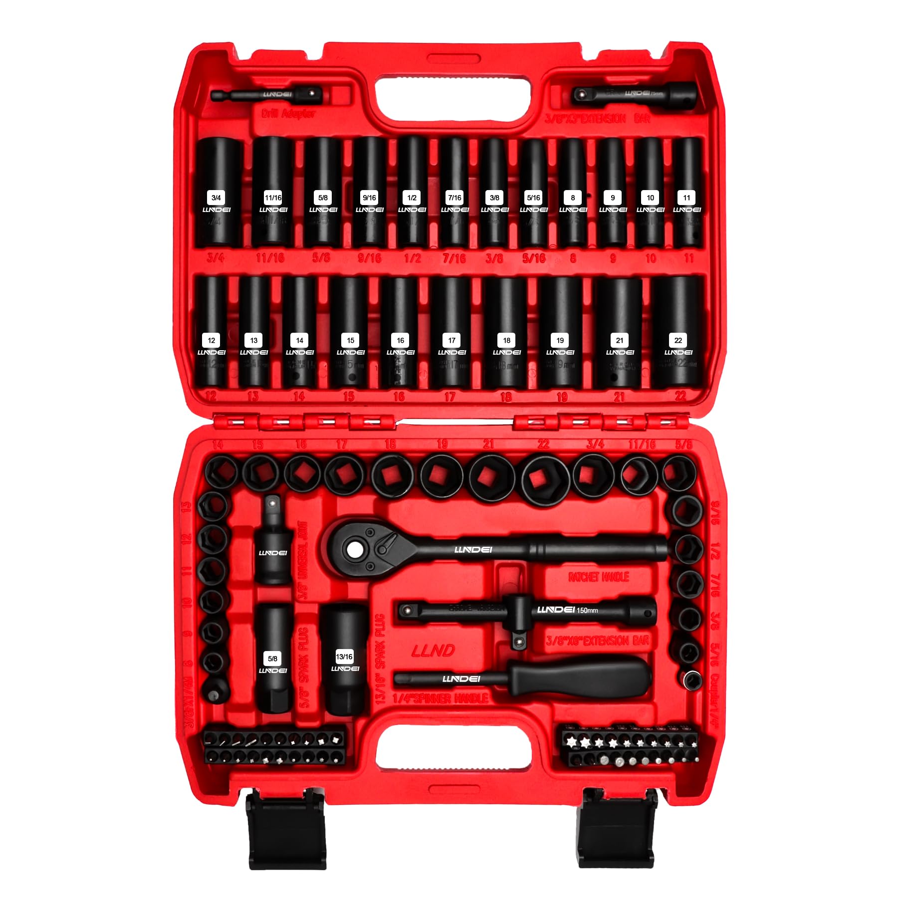 LLNDEI 3/8" Antrieb Schlagschrauber-Steckschlüsselsatz, Standard SAE (5/16 bis 3/4 Zoll) Metrische Größen (8-22 mm), 95 Teile, CR-V Stahl Tief- & Flachsatz, Adapter, Ratschengriff, Schraubendreher-Bit-Satz, Zündkerzen-Steckschlüssel, 6-Punkt