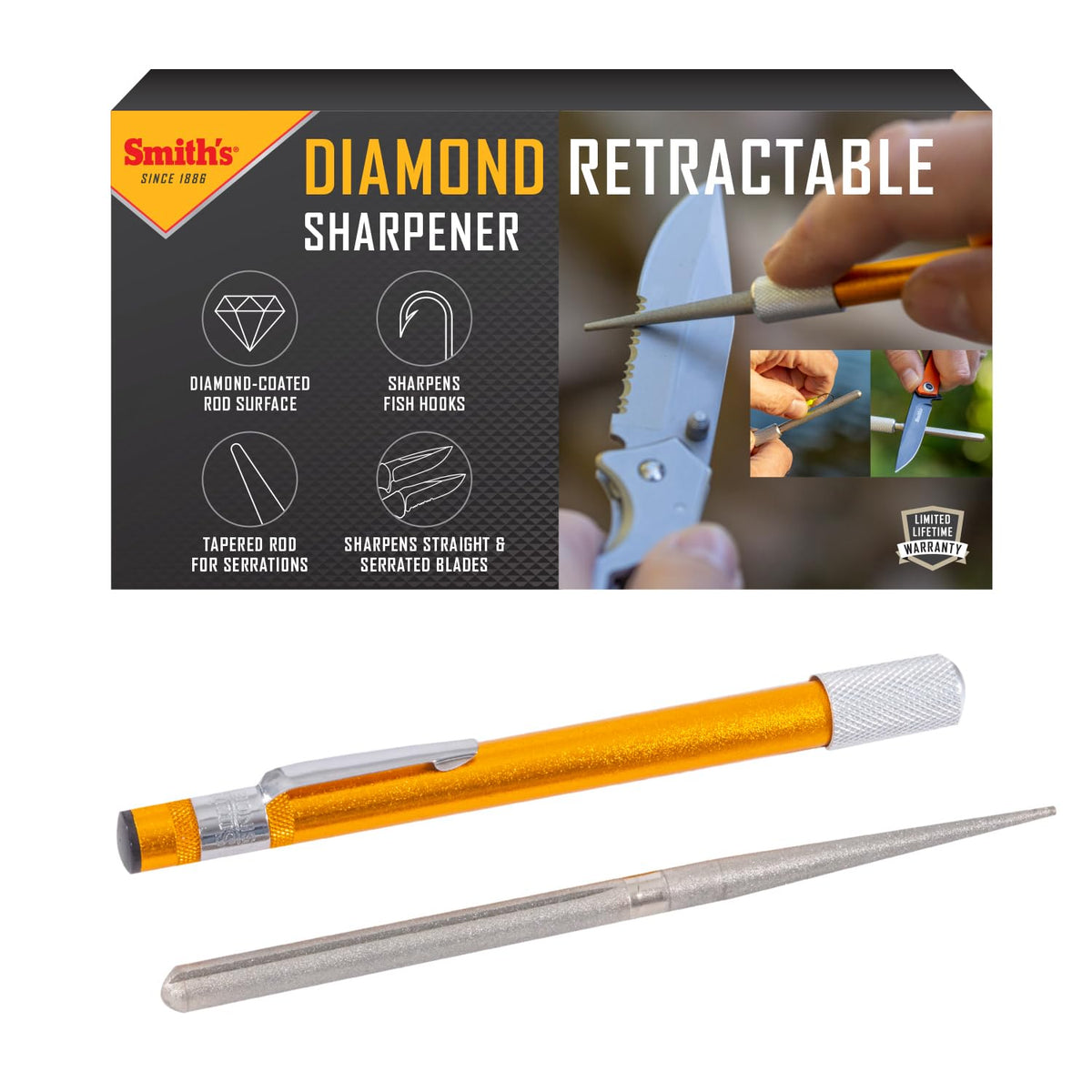 Smith's 51446 Diamond Retractable Sharpener - Gold - Reversible Rod - Compact - Knife & Hook Sharpener - Straight & Serrated