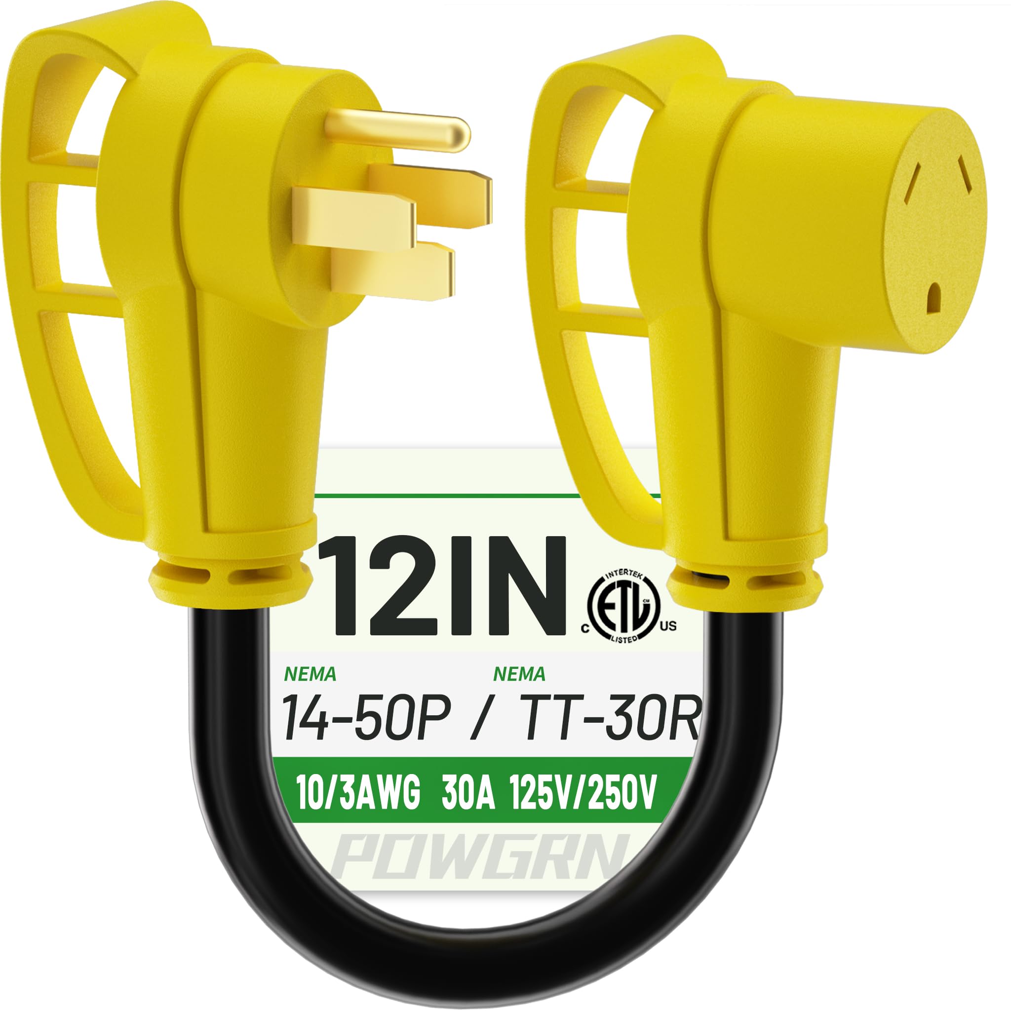 POWGRN 50 Amp to 30 Amp RV Adapter 12 inch, Heavy Duty Extension Cord 10/3 Gauge RV Electrical Adapter, NEMA 14-50P Male to NEMA TT-30R Female, STW 30AWG 30A 125V 3750W, Black-Yellow, ETL Listed