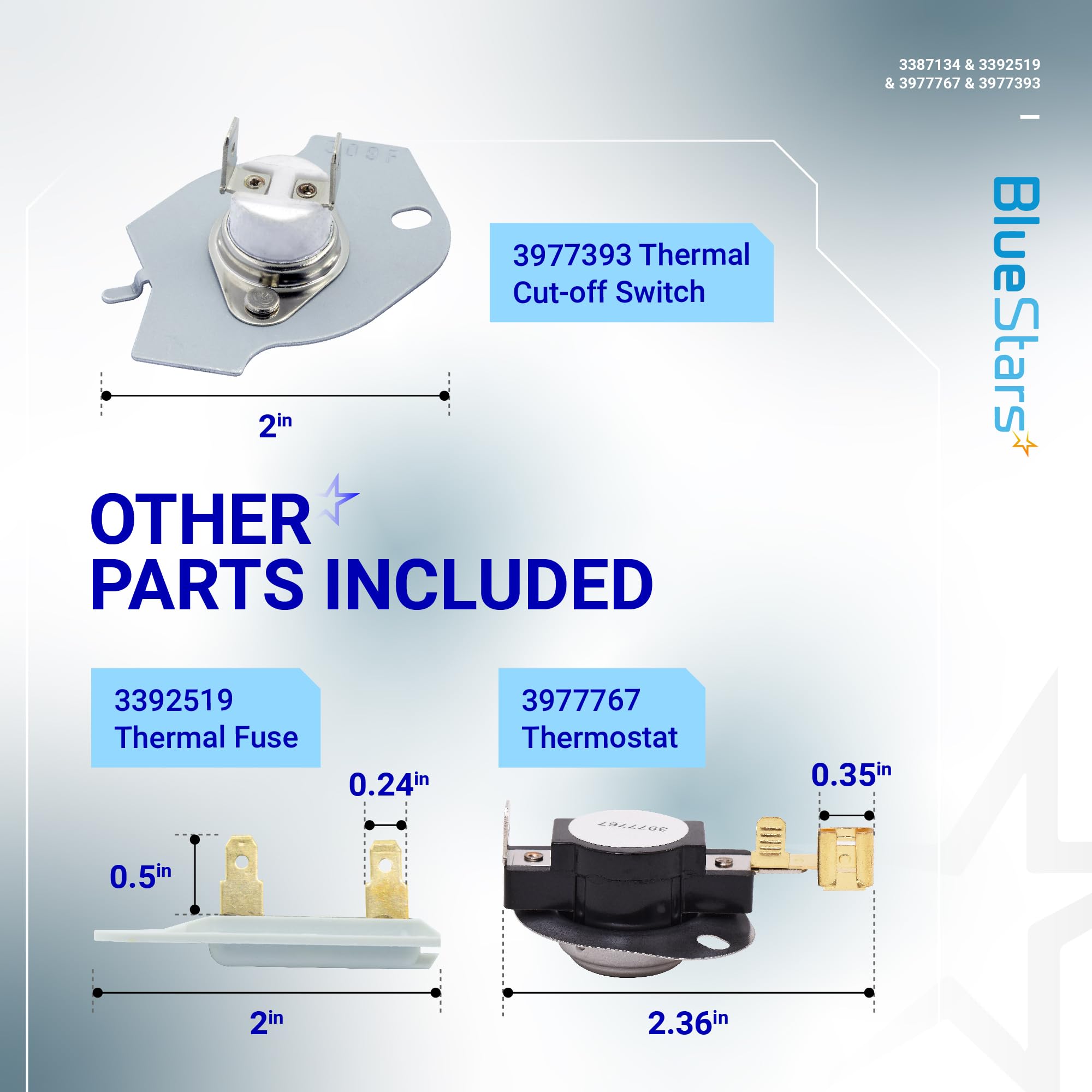 BlueStars [LIFETIME WARRANTY] 3387134 Cycling Thermostat 3392519 Dryer Thermal Fuse 3977393 Thermal Cut-off Switch 3977767 High-limit Thermostat Kit - Compatible with Whirlpool Kenmore Maytag Dryers