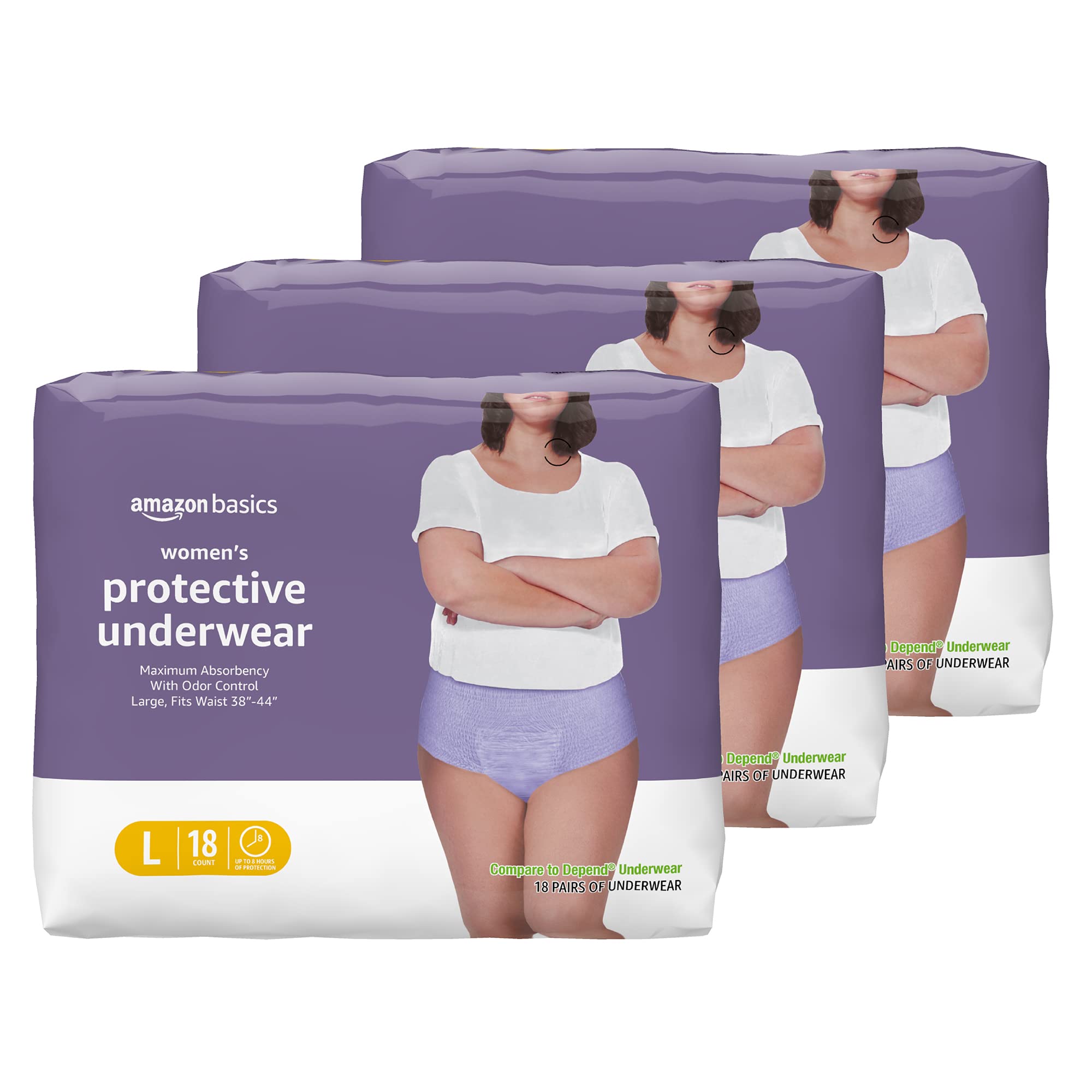Basics Incontinence Underwear for Women, Protective, Disposable, Postpartum, Maximum Absorbency, Large, Lavender, 54 Count (3 Packs of 18)