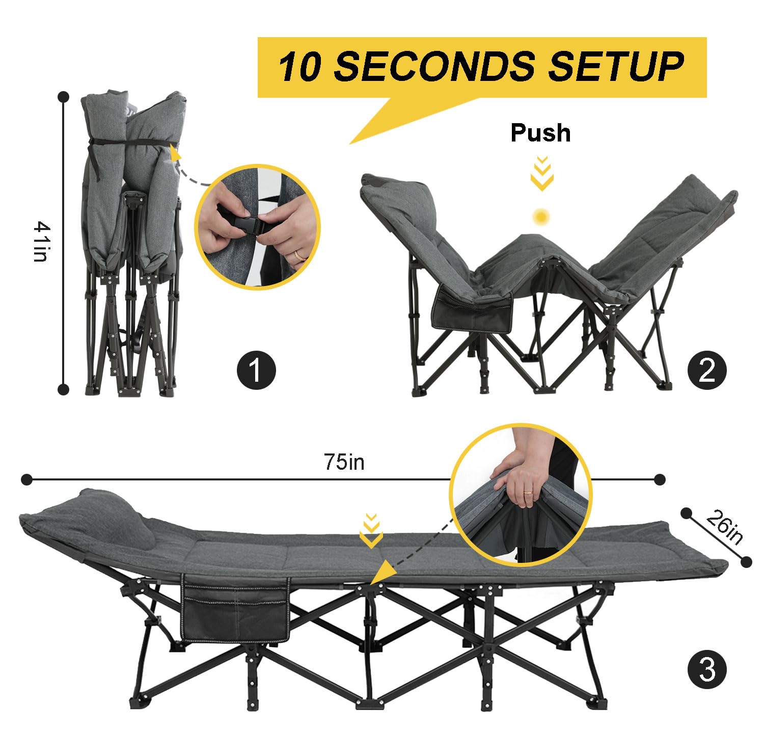 ATORPOK Camping Cot for Adults with Cushion and Pillow, Portable Folding Bed for Sleeping, Lightweight Tent cot with Carry Bag Supports 450 lbs (Grey)