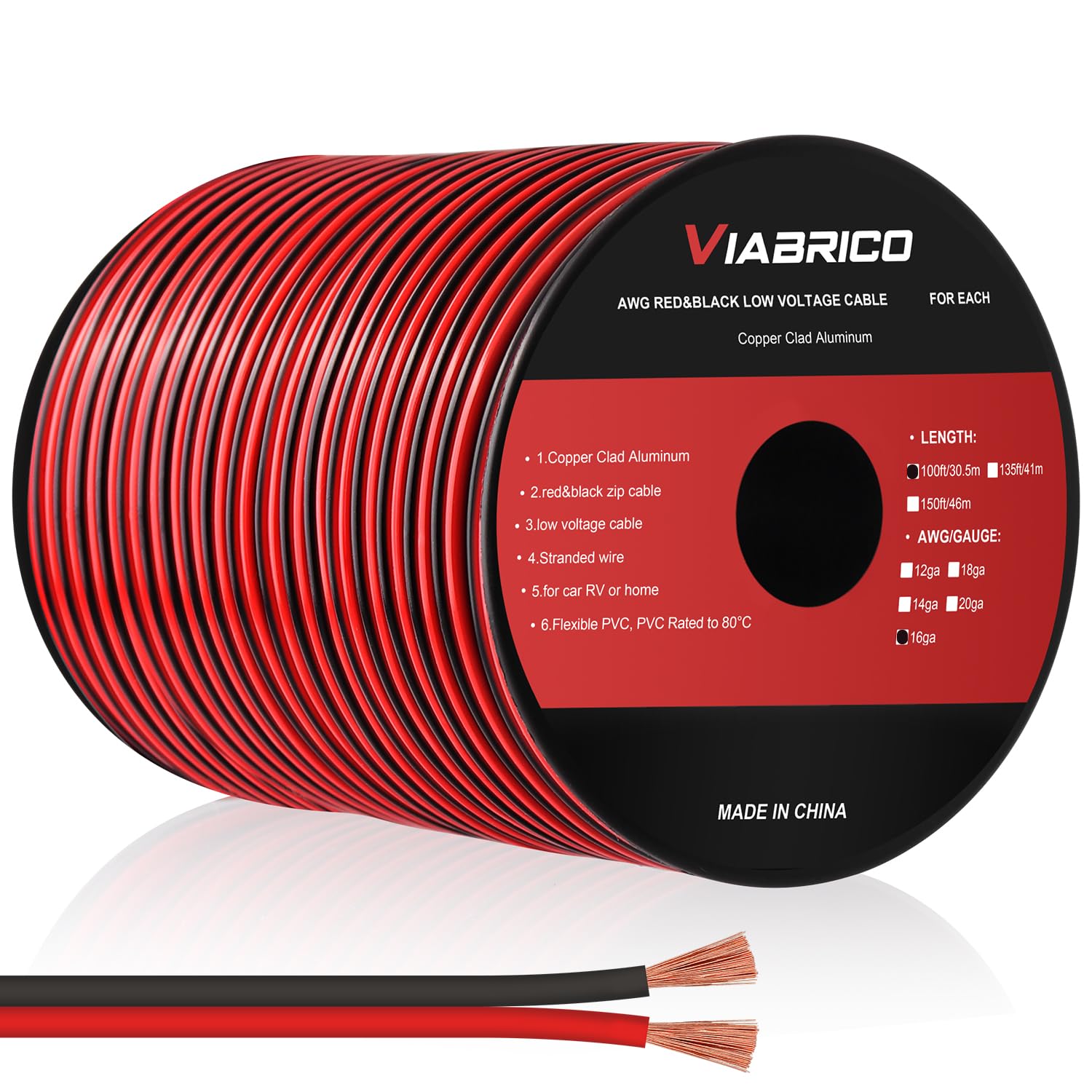 VIABRICO 16 Gauge Draht, 16AWG KFZ-Kabel, Elektrokabel 30,5 m, 2-Leiter Rot Schwarz 12V/24V DC Kabel Verlängerung für LED-Streifen, RC-Auto, Lautsprecher